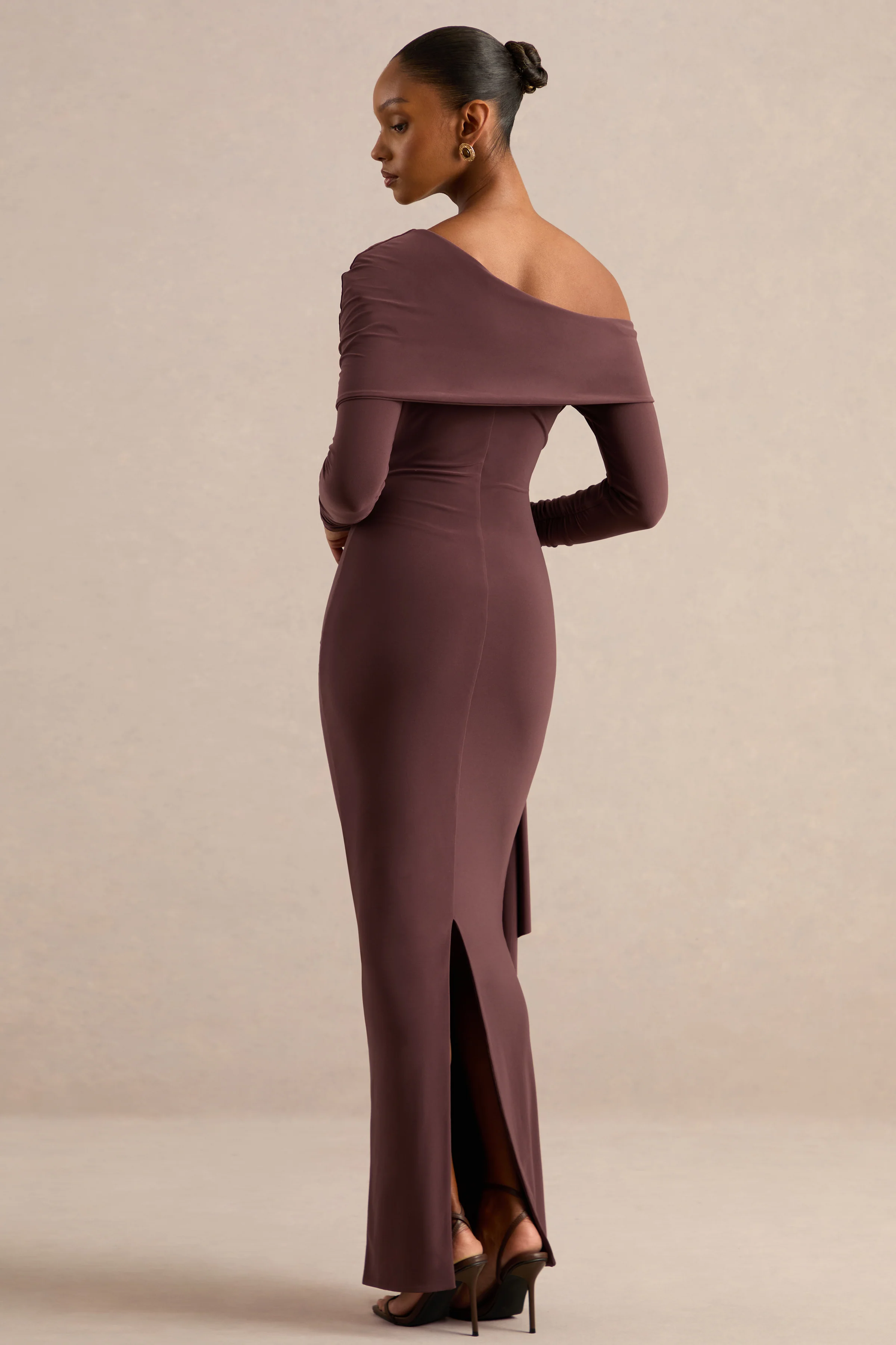 Faeryn | Dark Brown Jersey One Shoulder Long Sleeve Maxi Dress With Sash