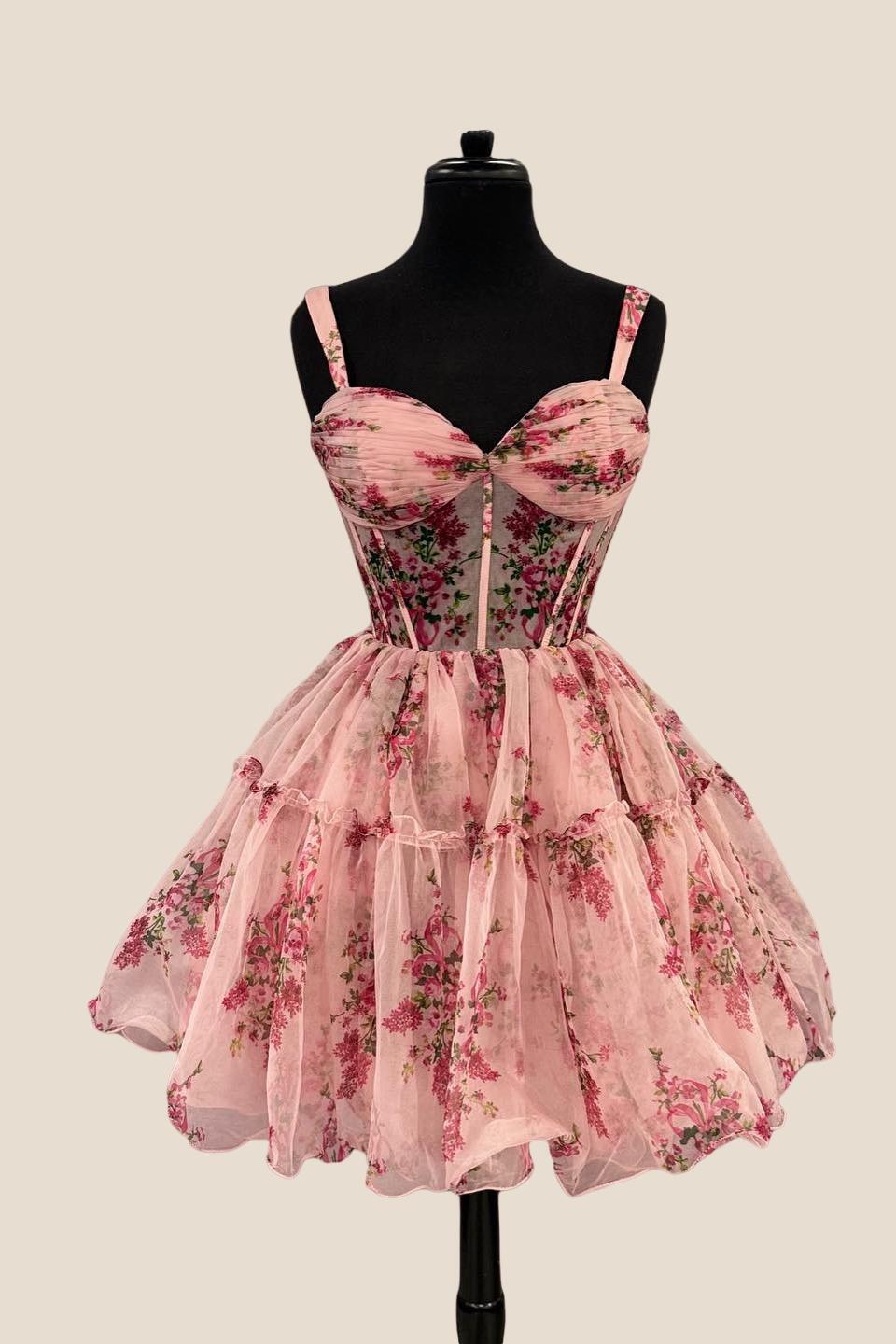 Pink Floral Print A-line Short Dress