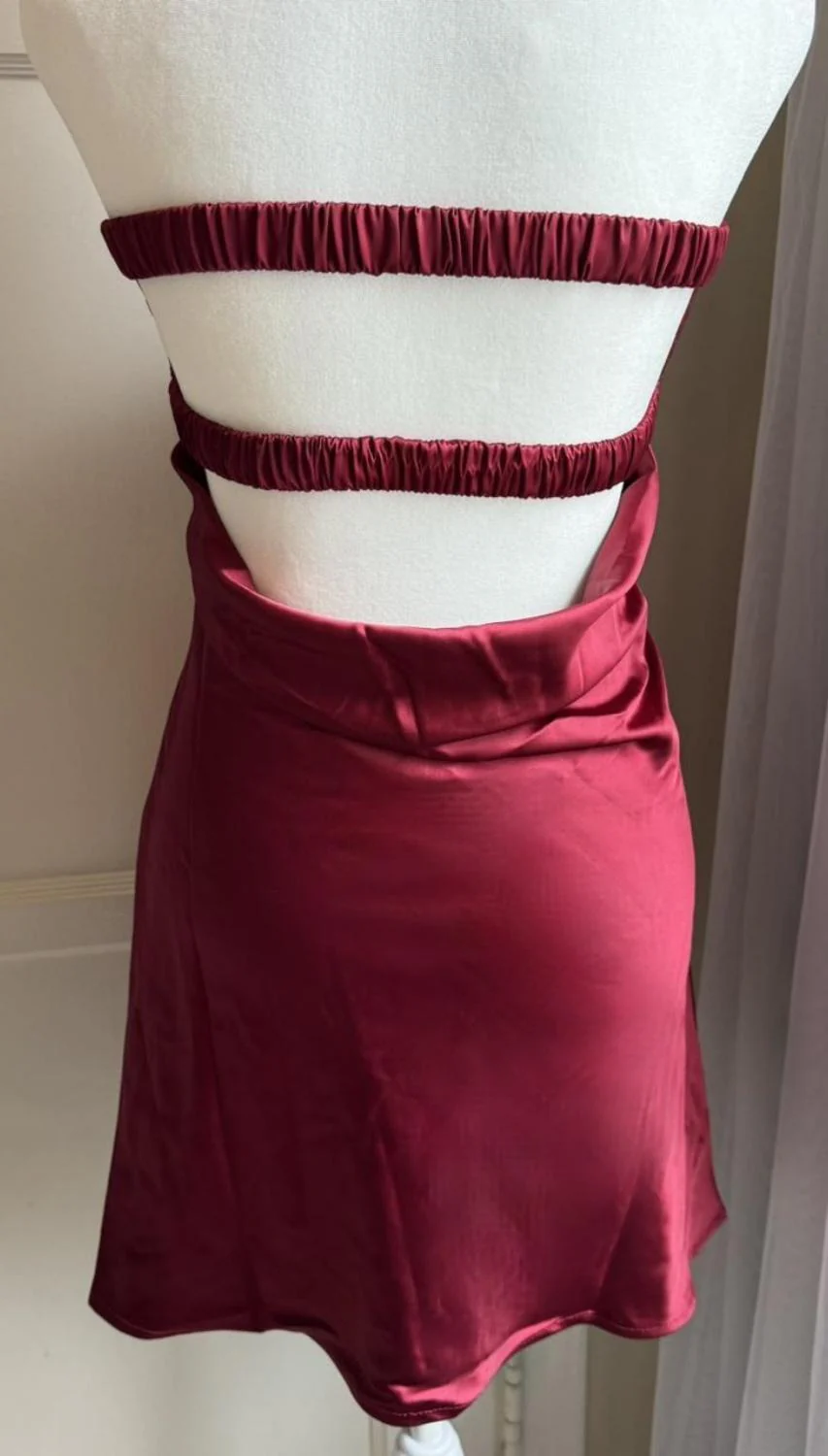 Twisted Pleated Burgundy Soft Satin Keyhole Mini Dress