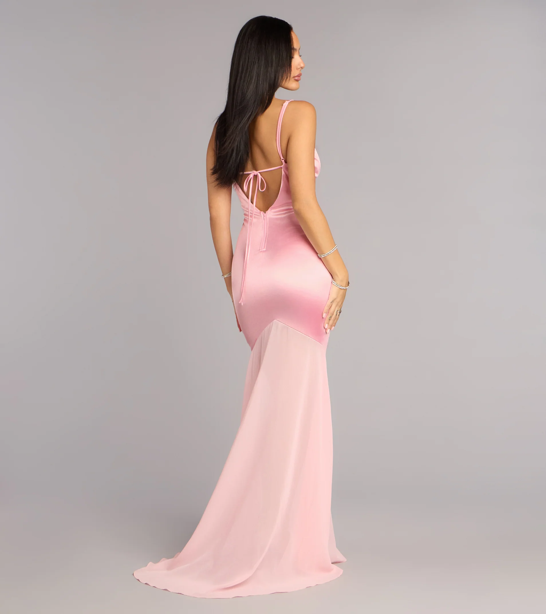 Sandy Satin Tie Back Chiffon Formal Dress