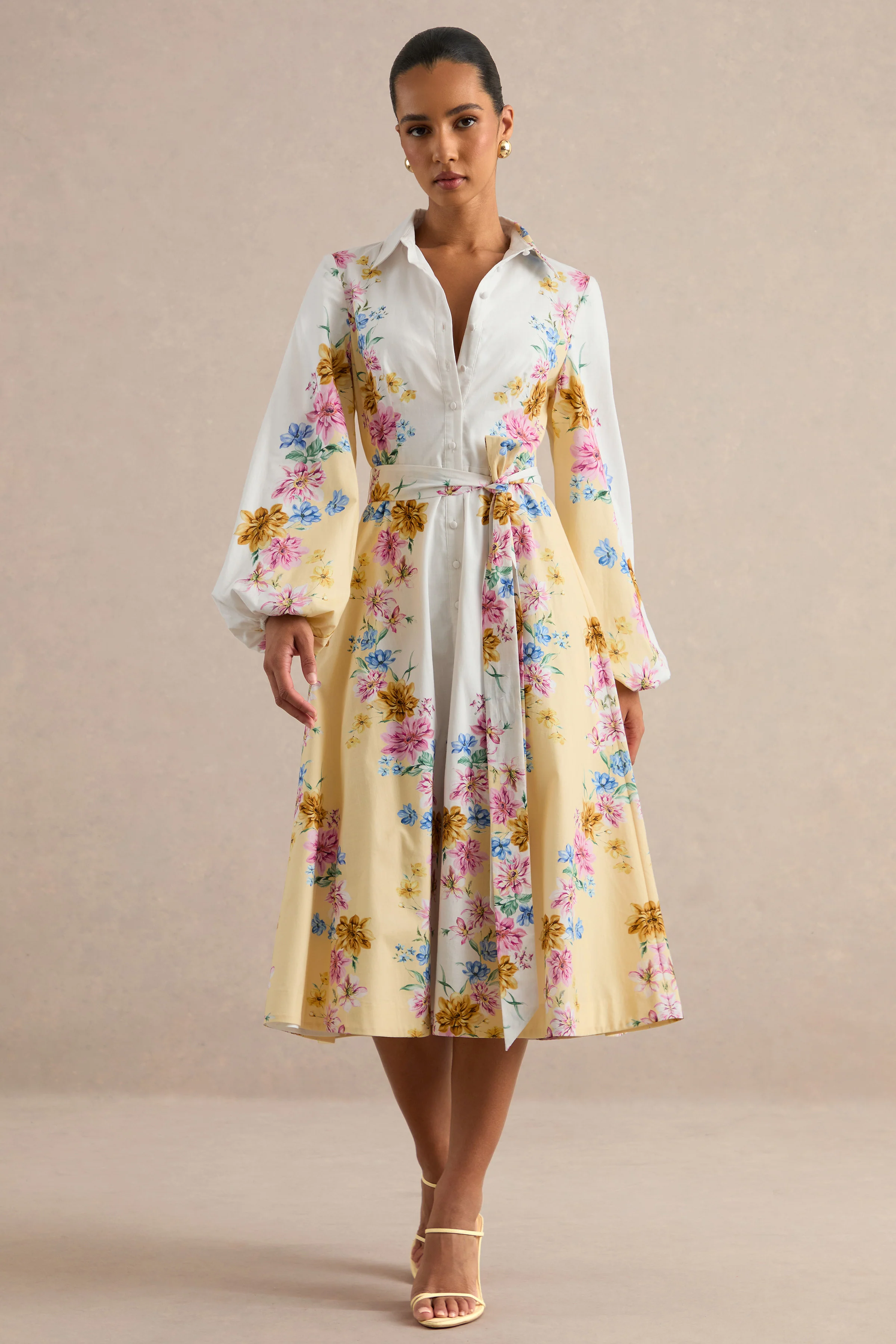 Moira | Lemon Floral Midi Dress With Bell Sleeves