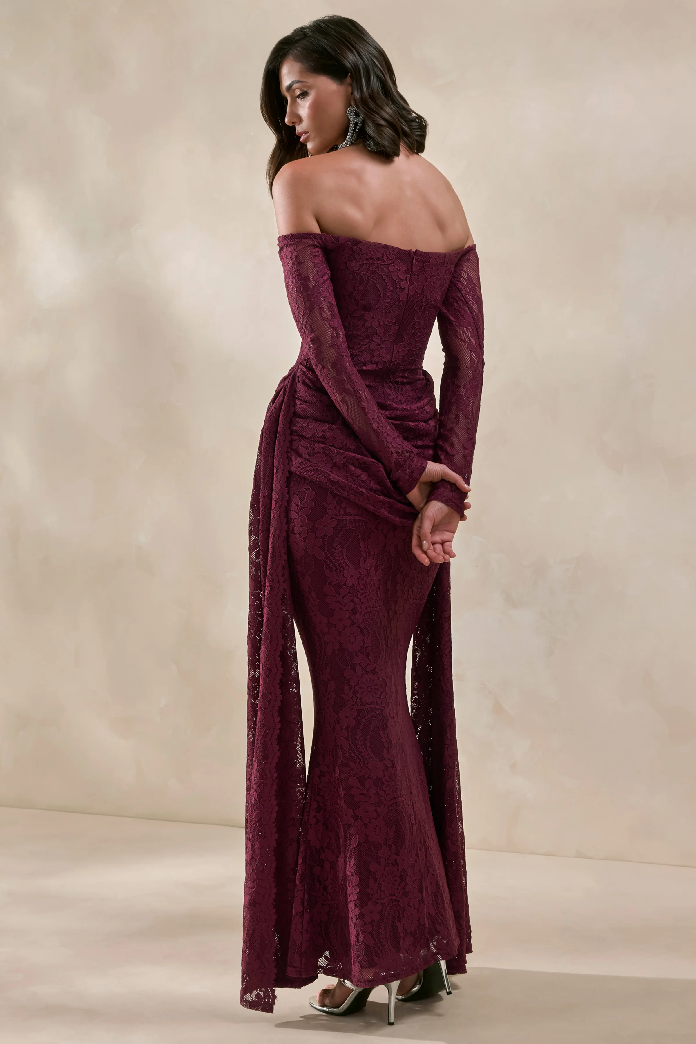 Parisse | Burgundy Lace Bardot Ruched Long Sleeve Maxi Dress With Draped Detailing