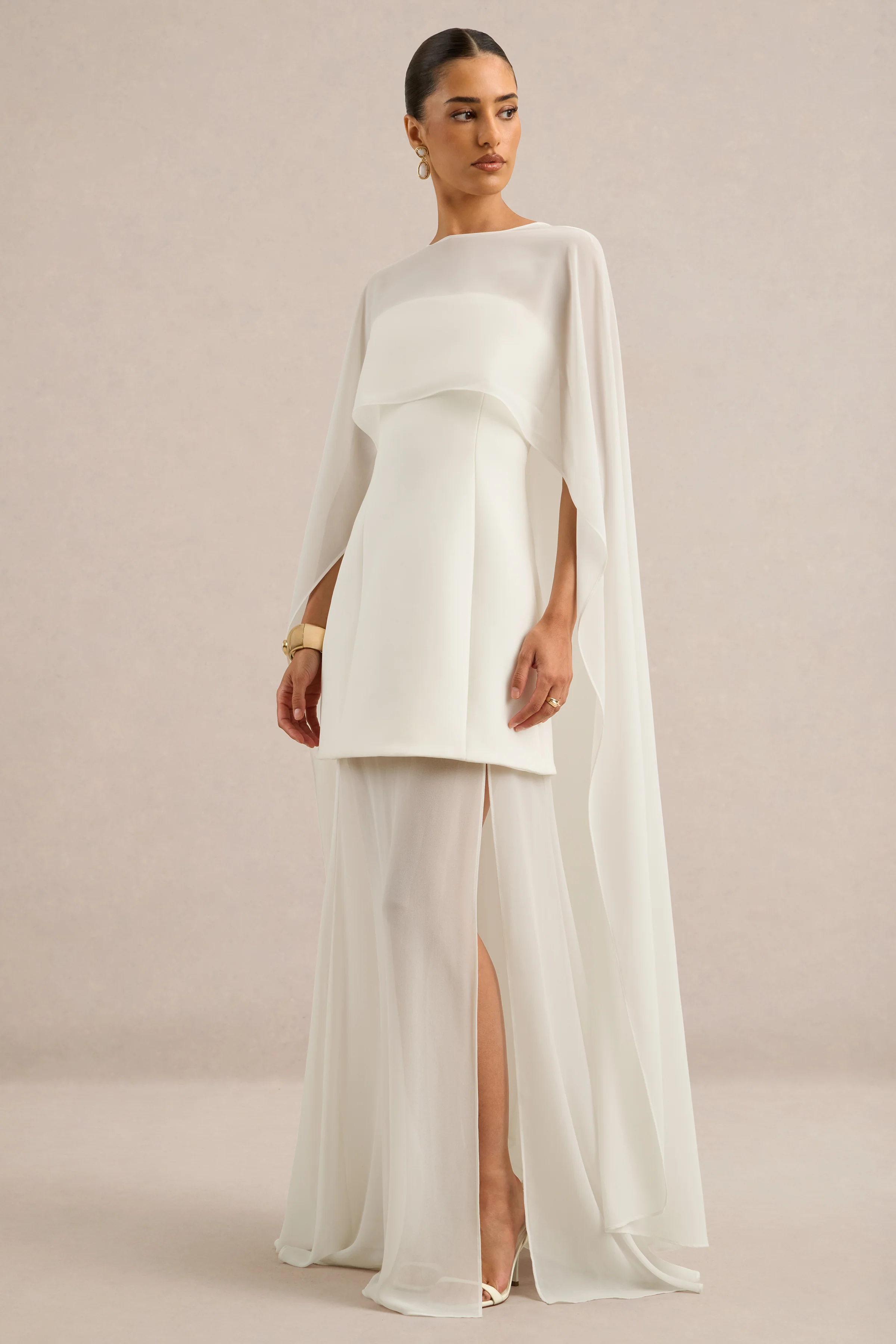 Chessa | White Scuba Boat Neck Short Sleeve Maxi Dress With Sheer Skirt And Corset