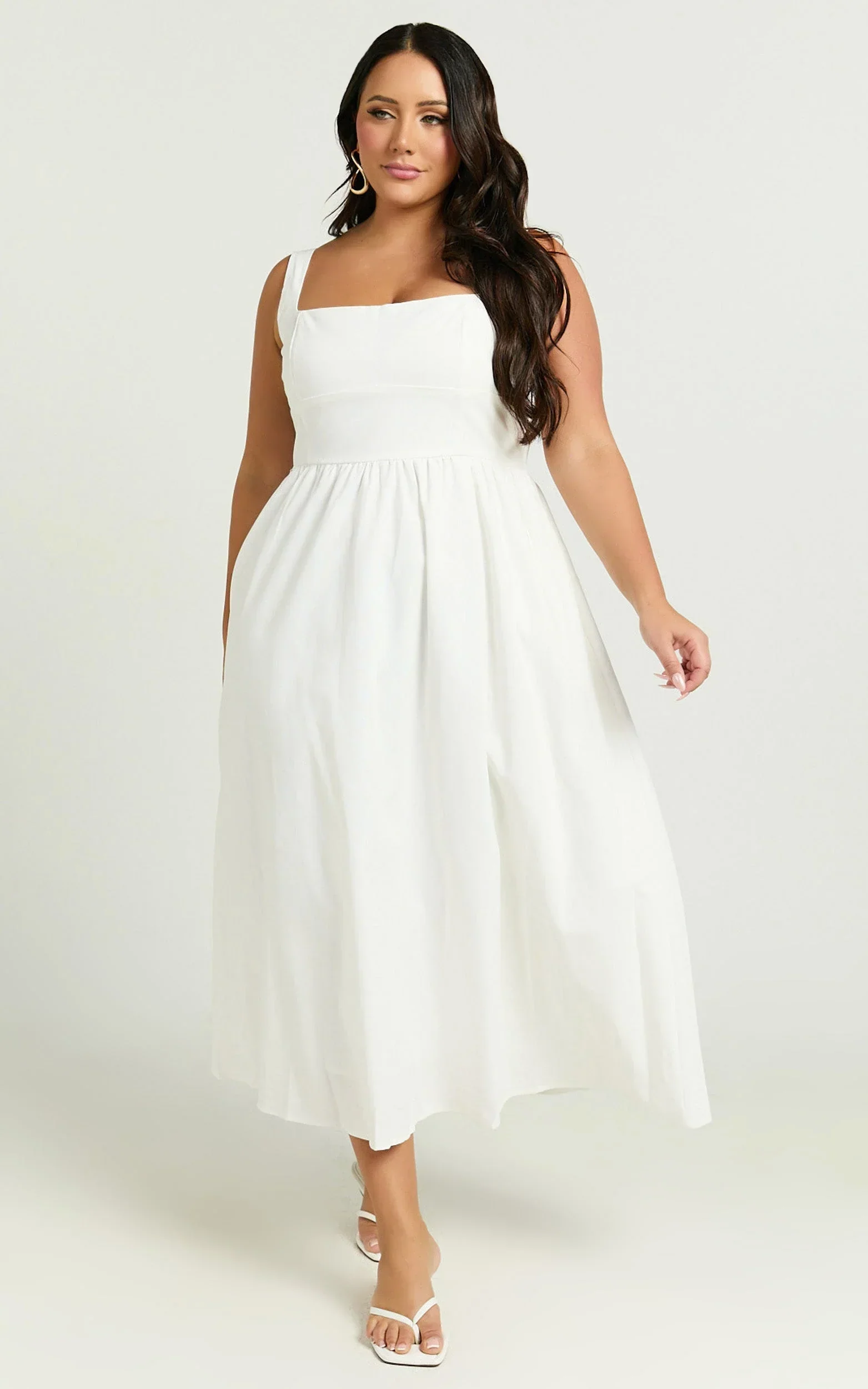 Khari Midi Dress - Linen Look Square A Line Dress in White