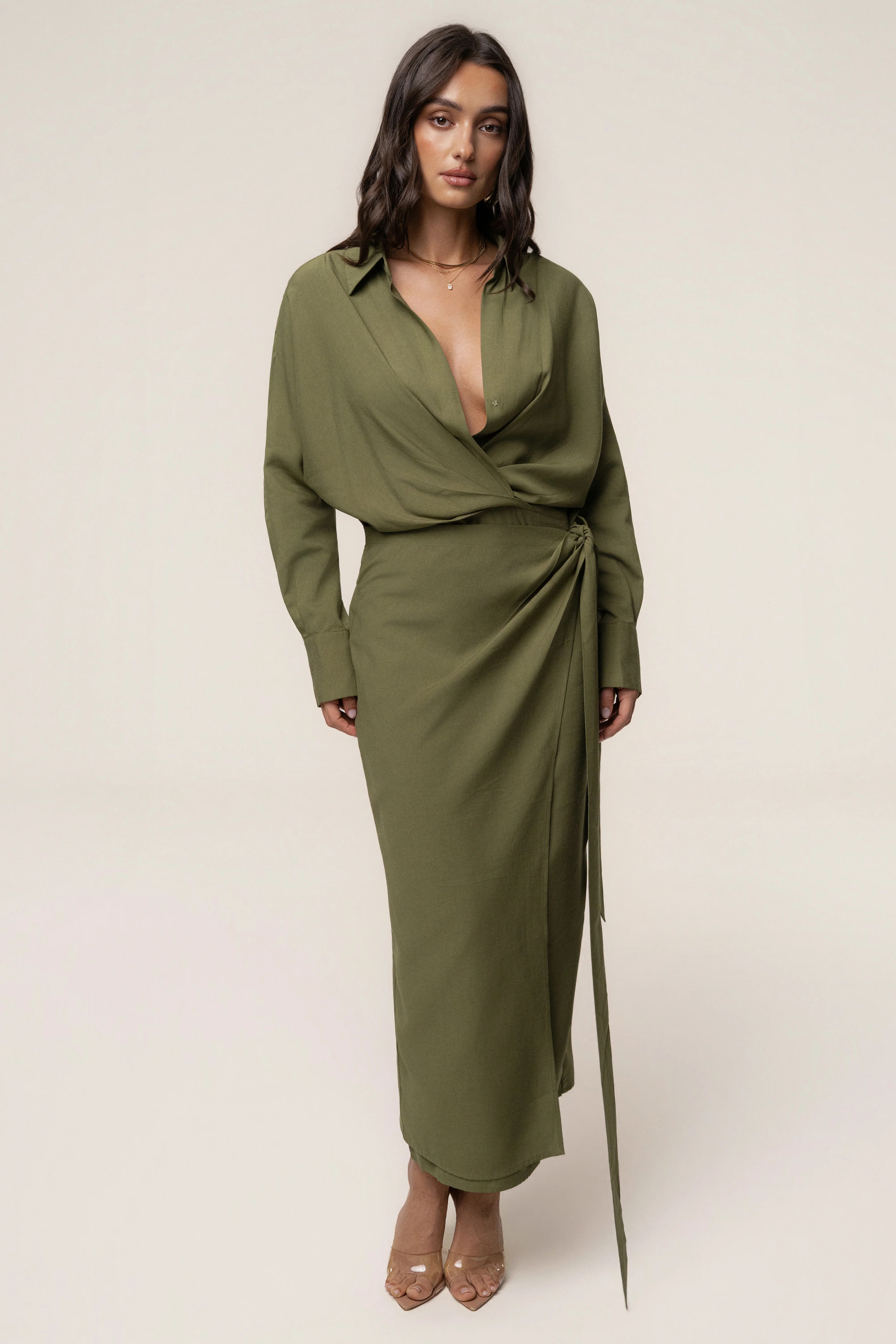 Olive Skyline Wrap Midi Dress