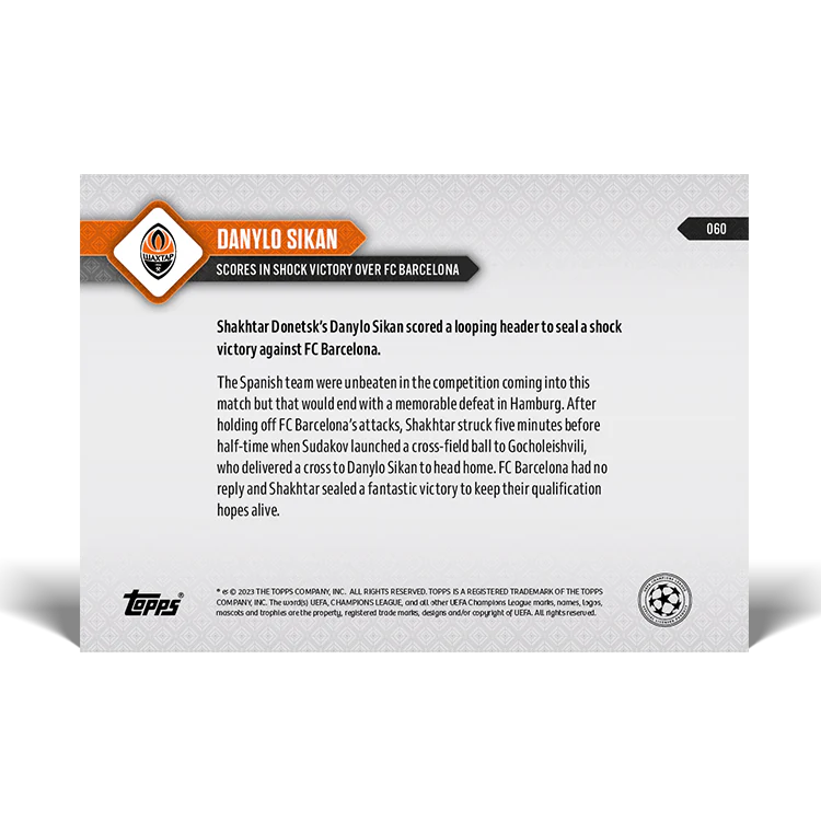 Topps UK - Danylo Sikan - Scores in shock victory over FC Barcelona - UCL TOPPS NOW® Card #60