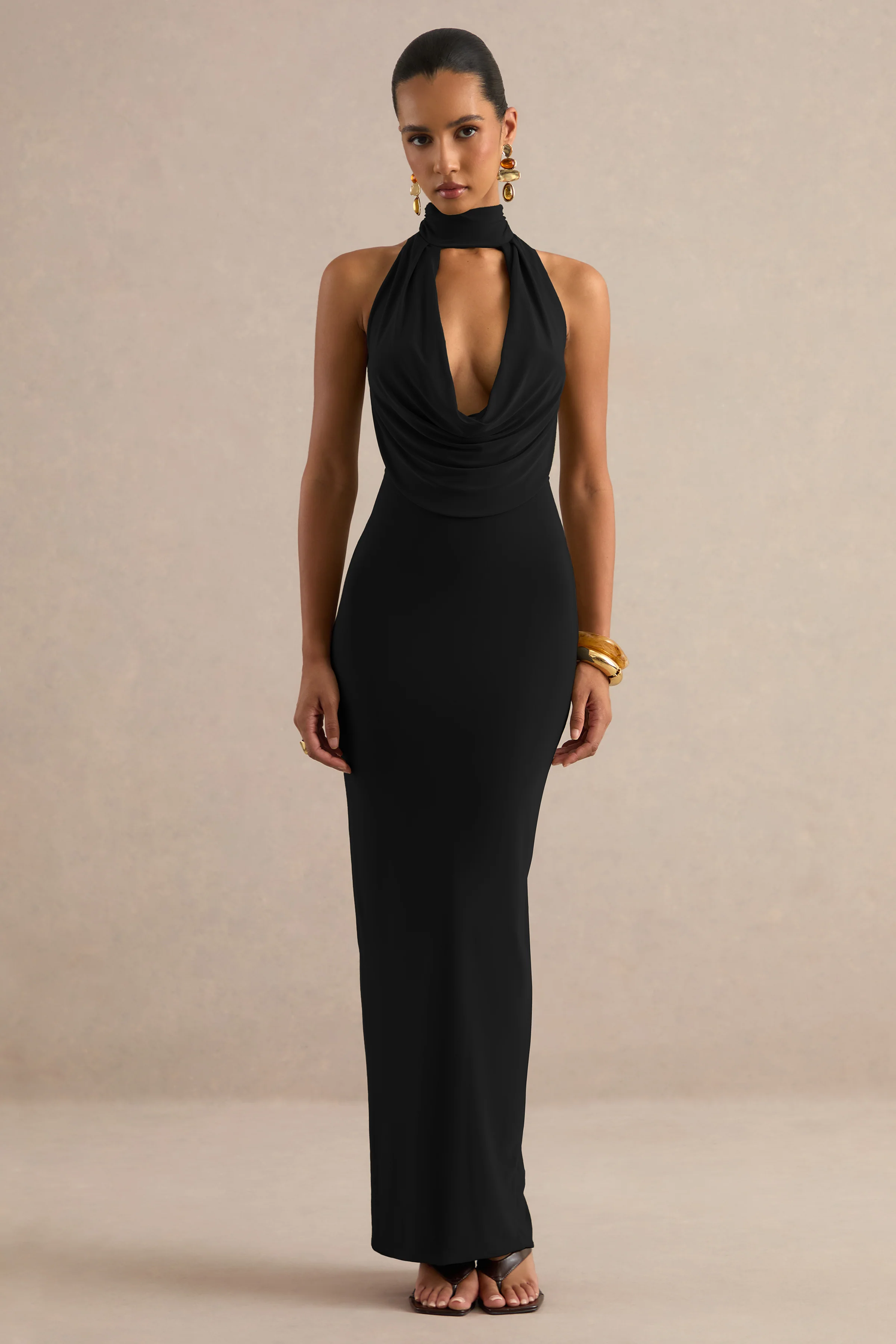 Lucianae | Black Jersey Cowl Maxi Dress With Open Back And Back Split