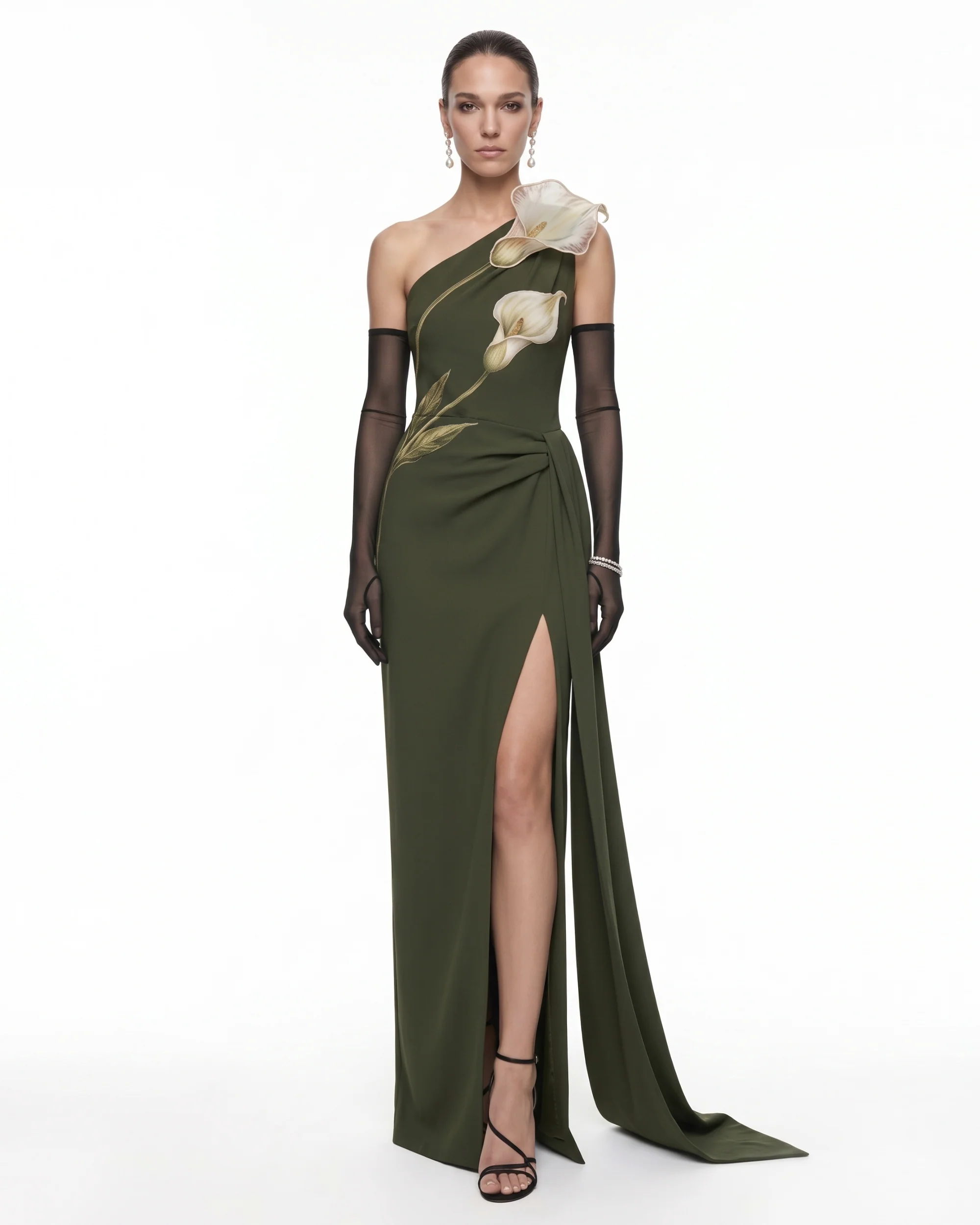 3D Floral One-Shoulder Draped Slit Maxi Dress - Olive Green
