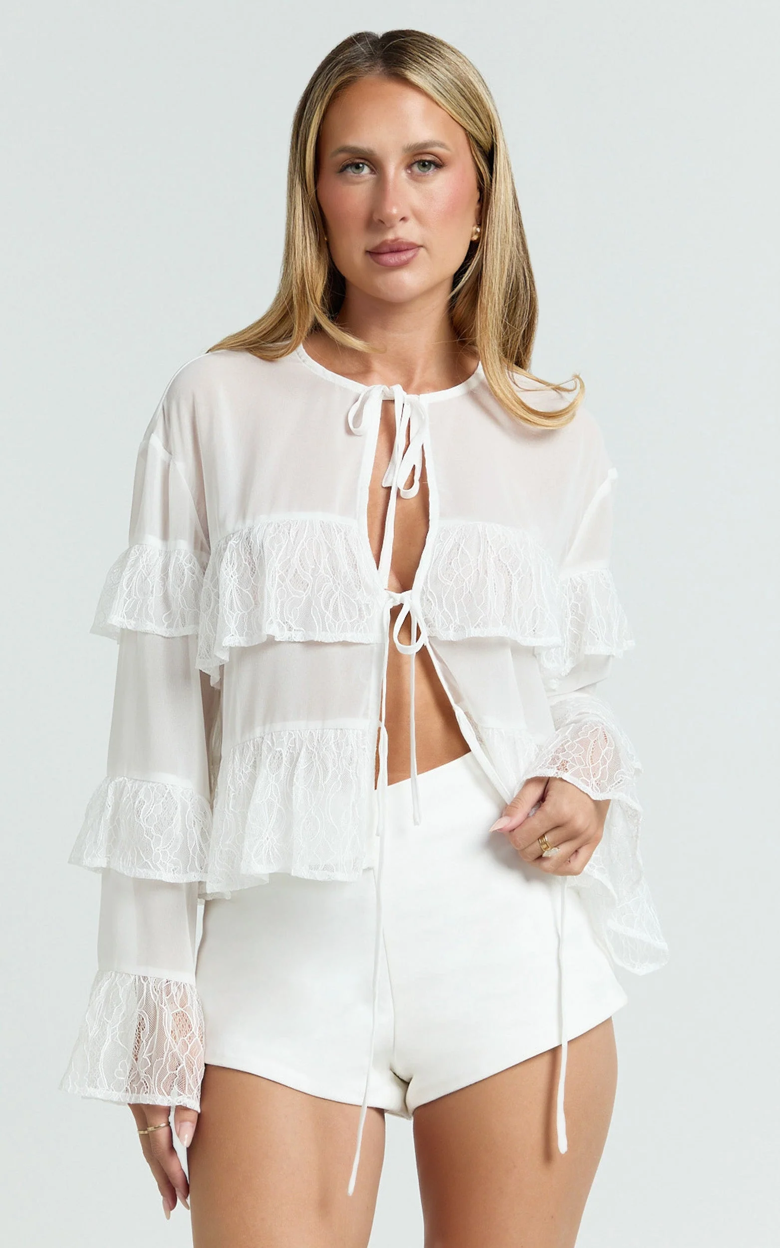 Safiya Top - Tie Front Ruffle Sleeve Blouse Top in White