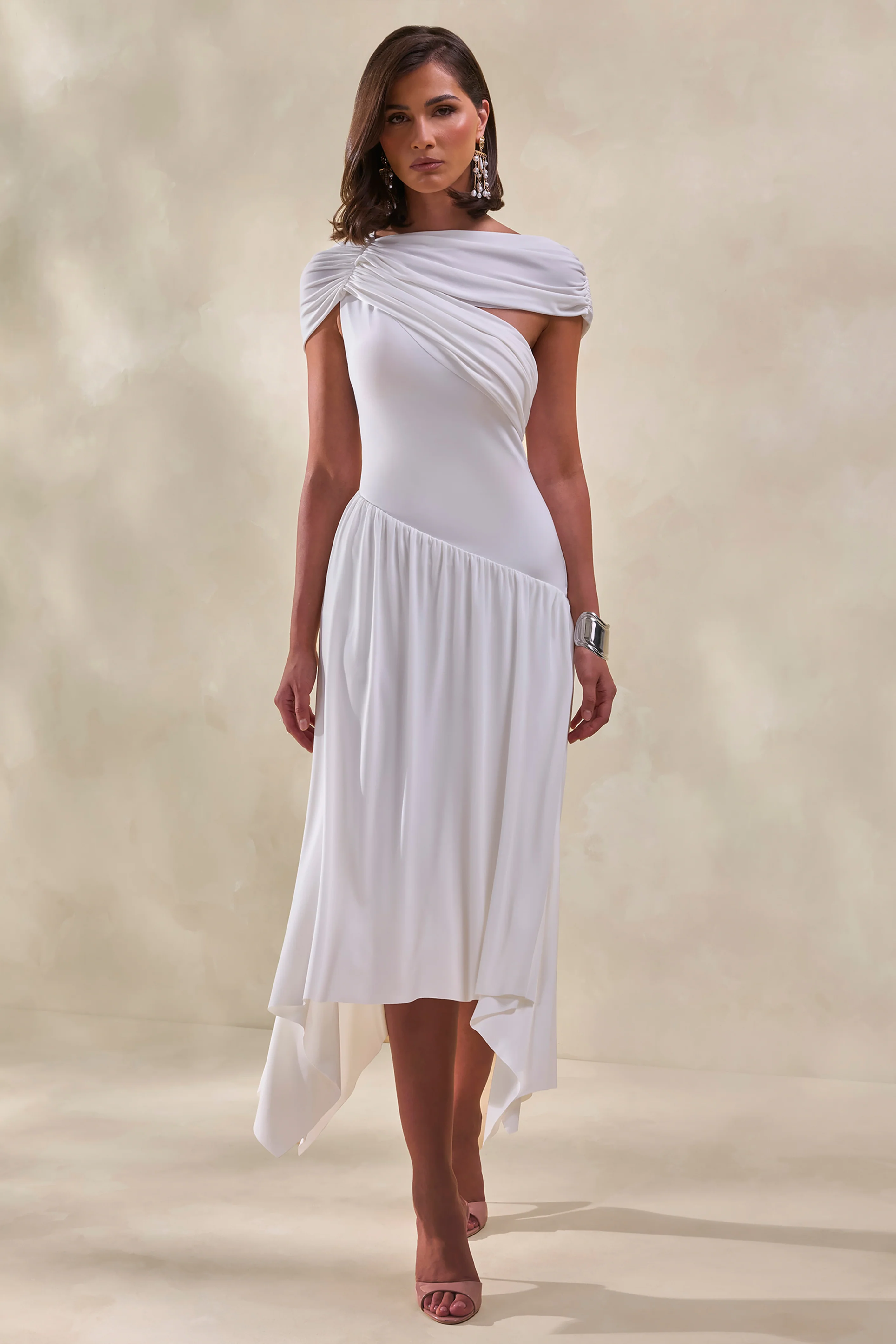Lorina | White Midi Dress With Asymmetric-Waist