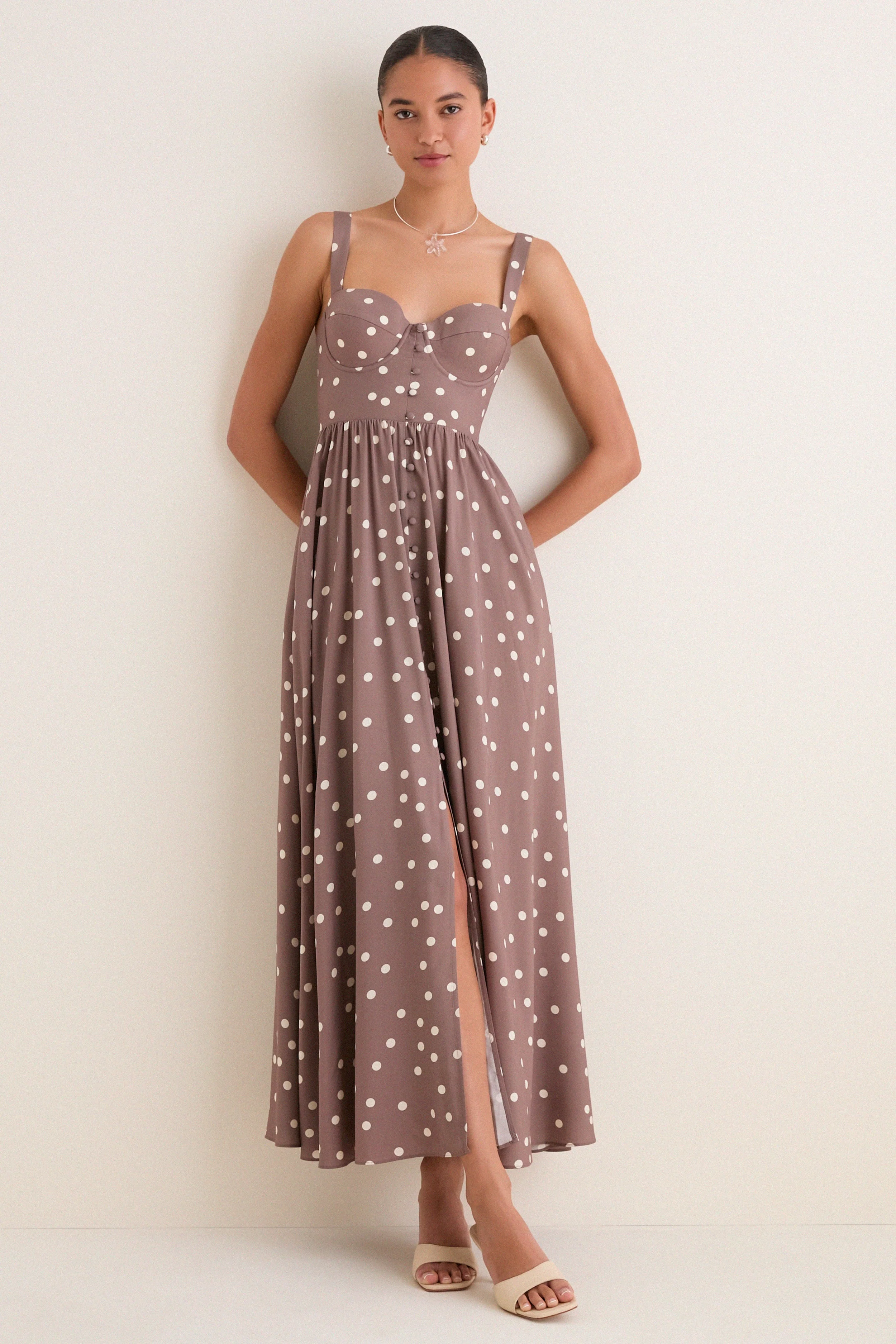 Cardamom and Ecru Polka Dot Rosette Maxi Dress
