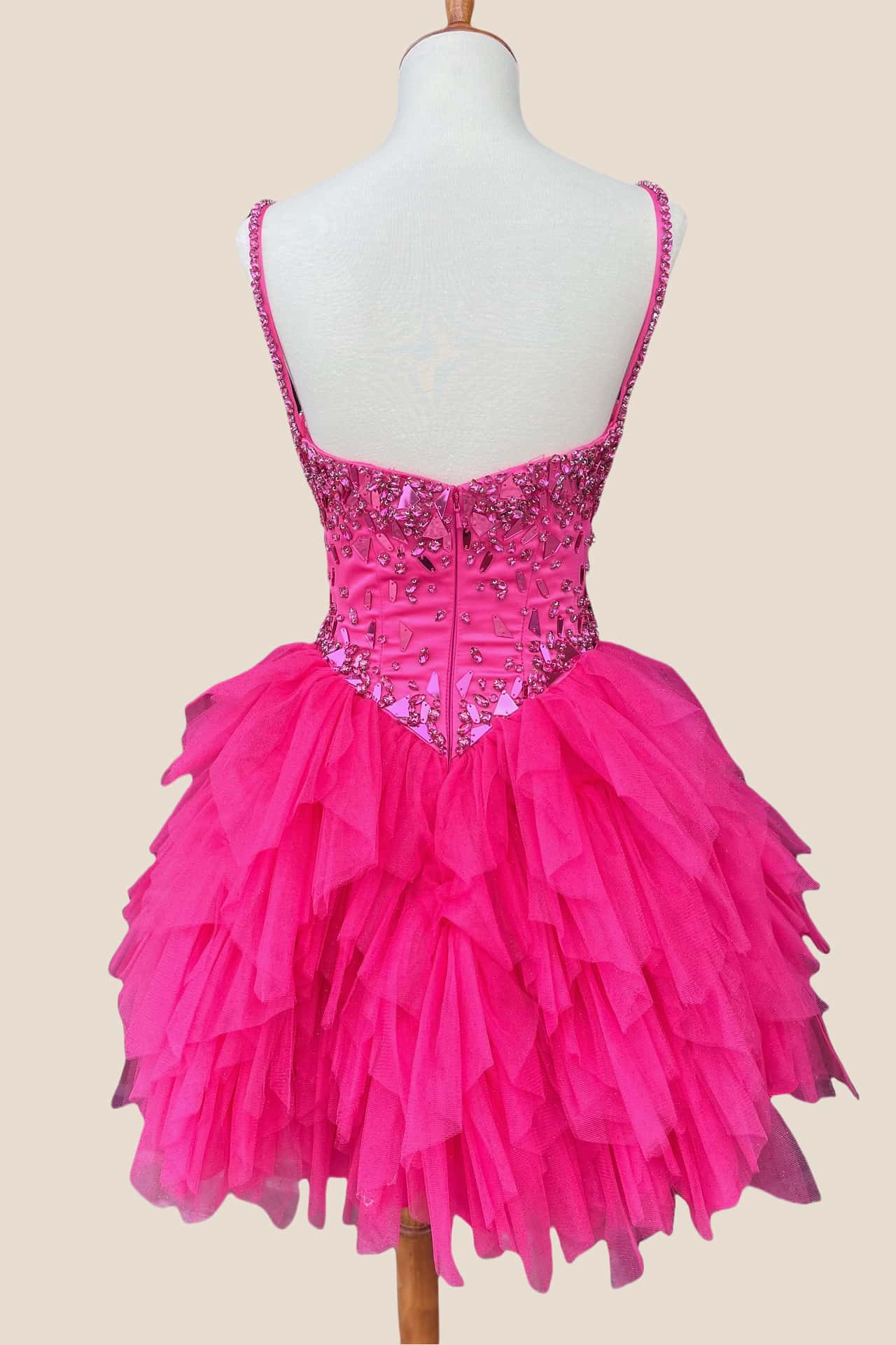 Straps Hot Pink Mirror Glass Ruffled Short Dress
