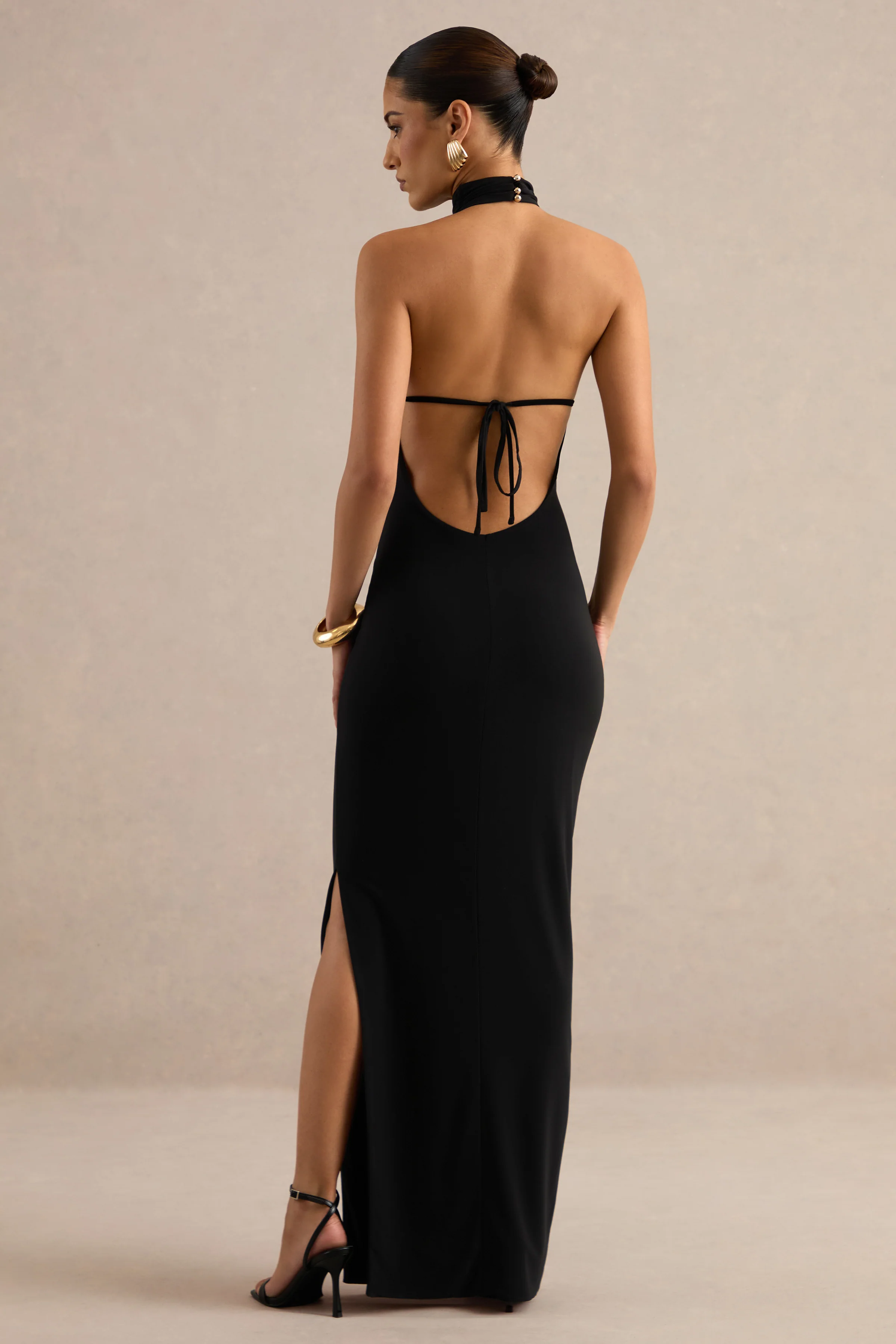 Arlise | Black Jersey High Neck Maxi Dress With Open Back