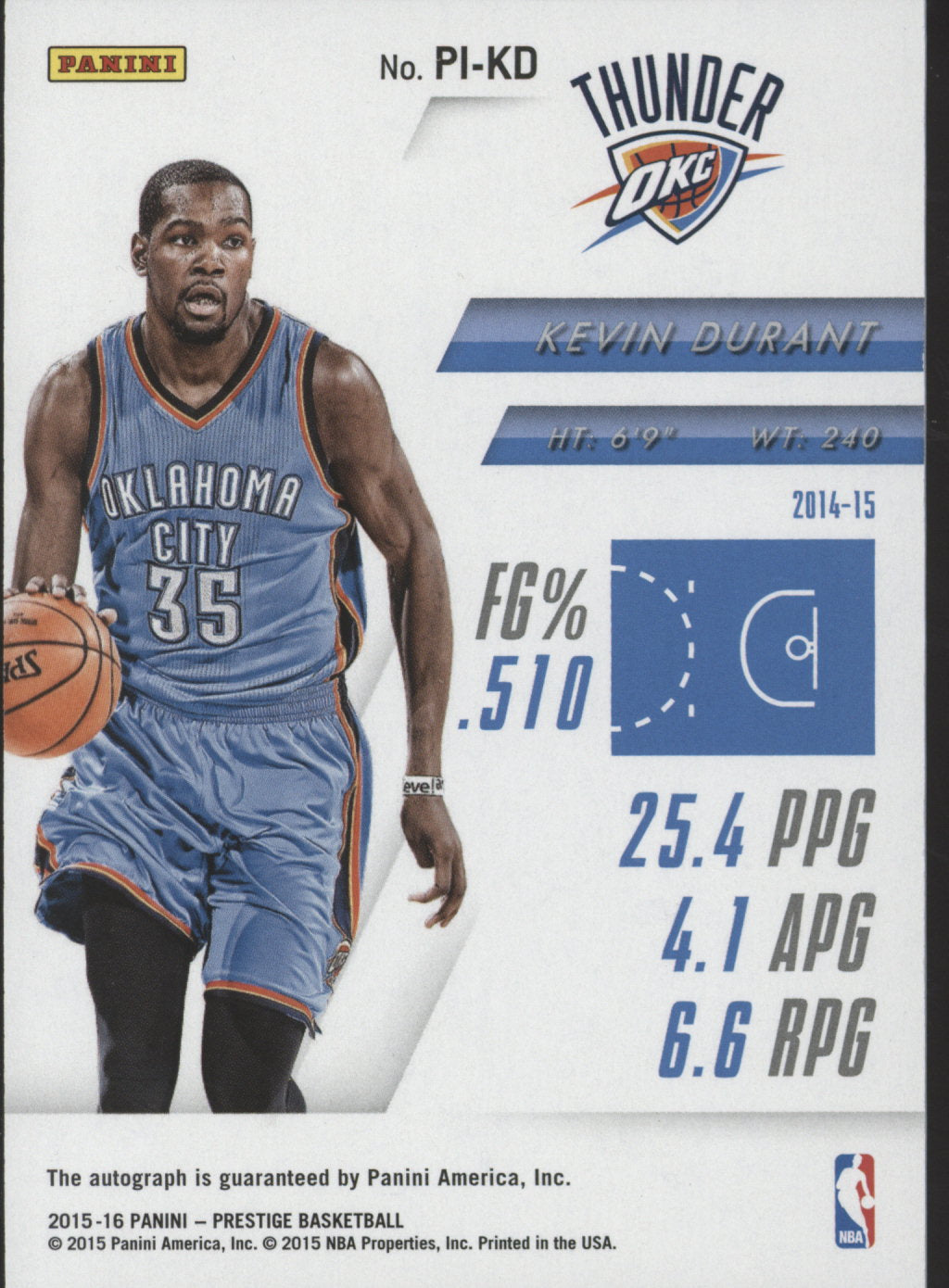 2015 Prestige Kevin Durant Auto Card #PI-KD #8/25