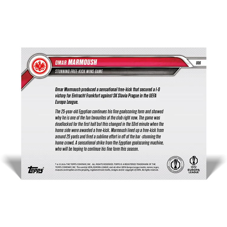 Omar Marmoush - Stunning free-kick wins game - 24/25 UEL Topps NOW® Card 6