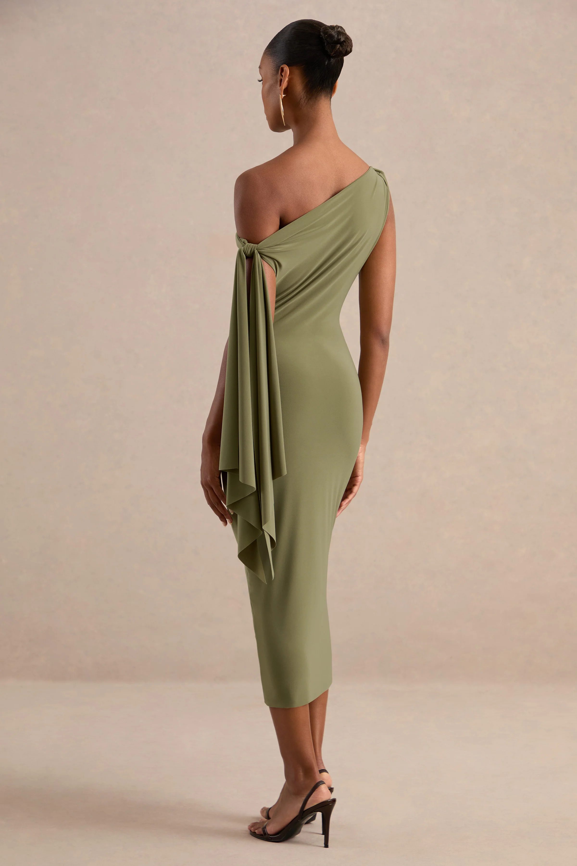 Arcelia | Olive Jersey One Shoulder Midi Dress With Twist And Knot Sash Detailing