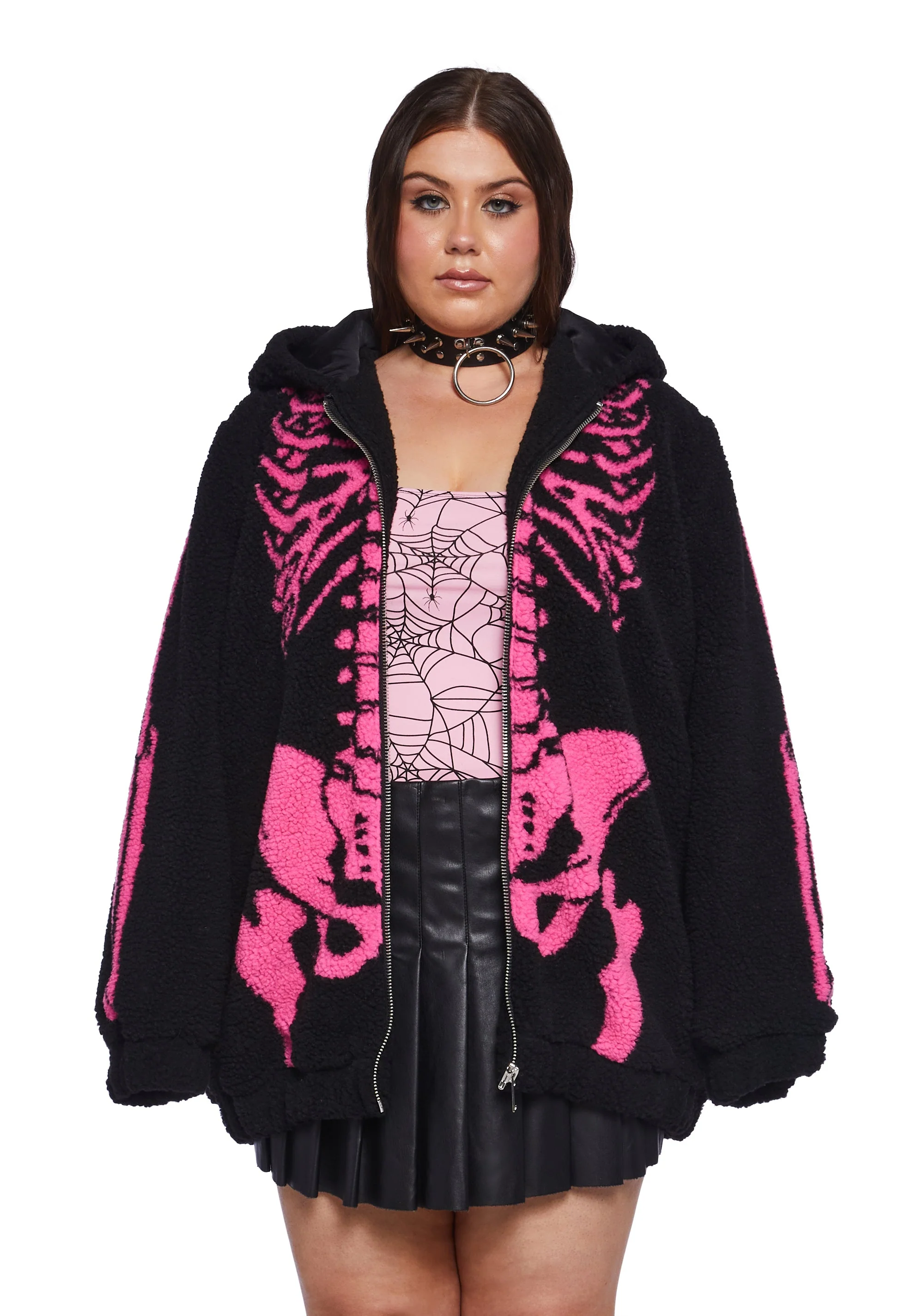 Baring It All Skeleton Hooded Sherpa Jacket - Pink