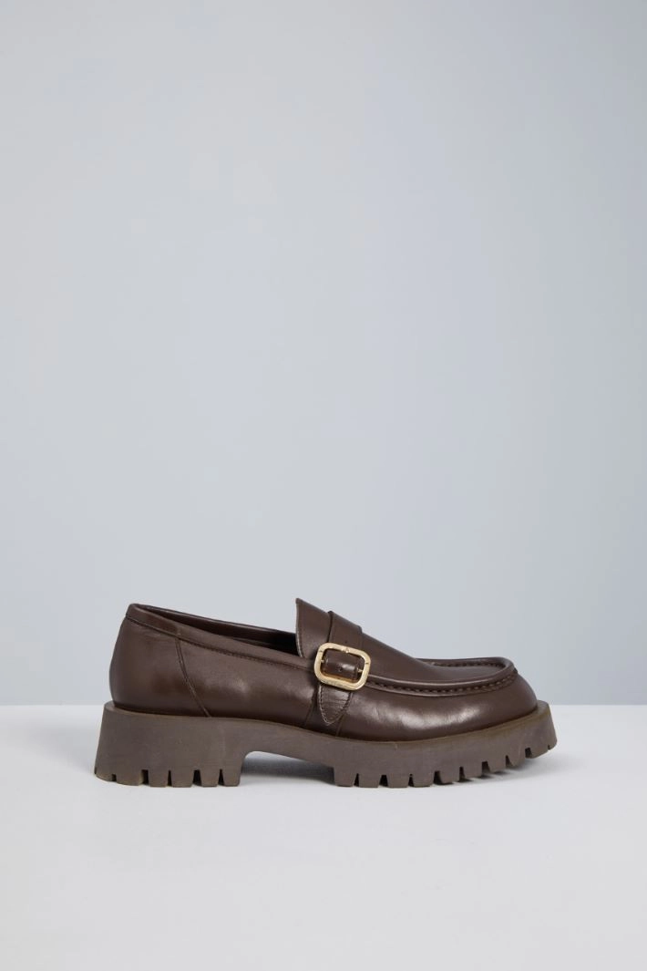 Leather loafers with strap - DARK BROWN