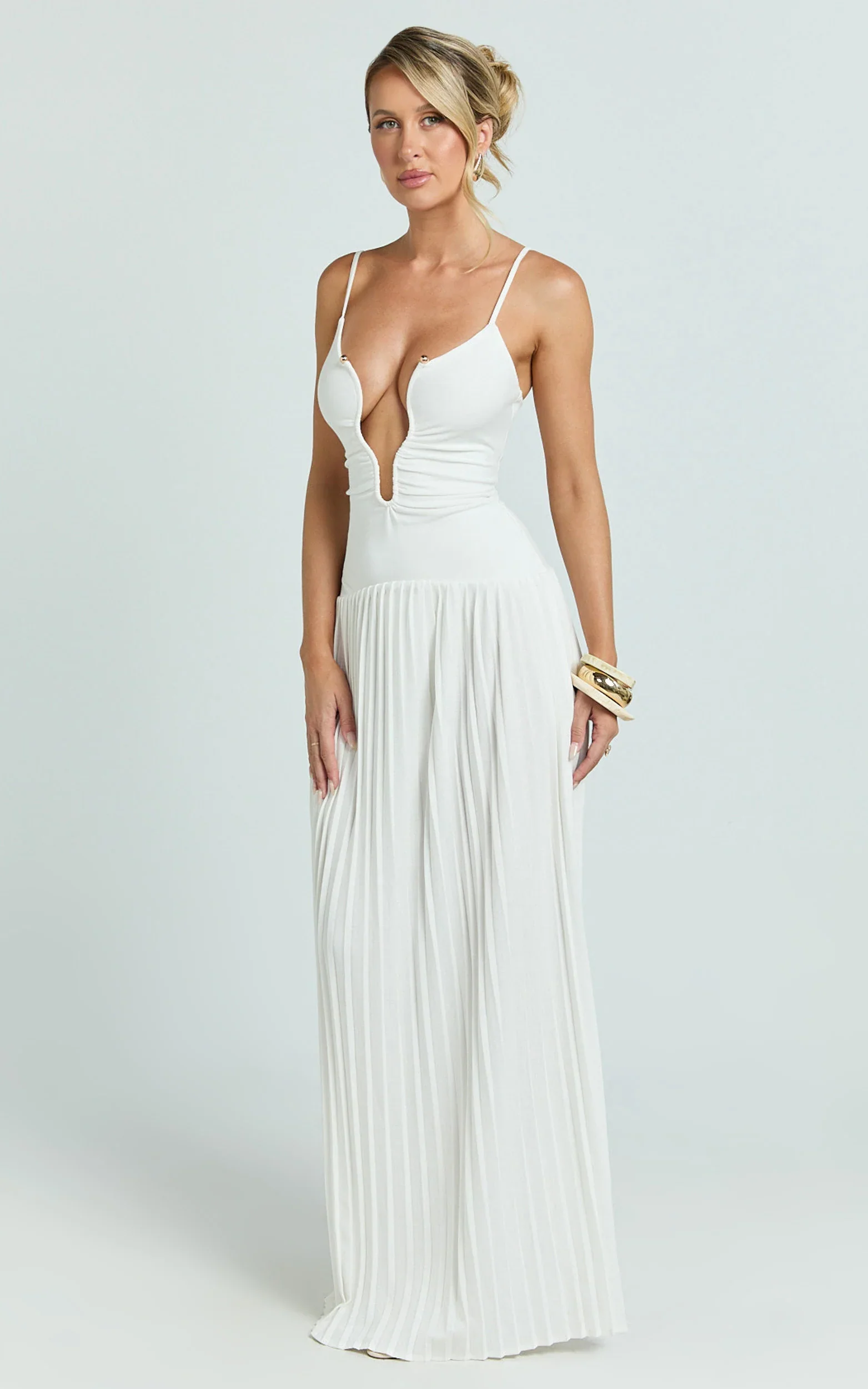 Hathaway Maxi Dress - U Shaped Neck Pleated Dress in Ivory