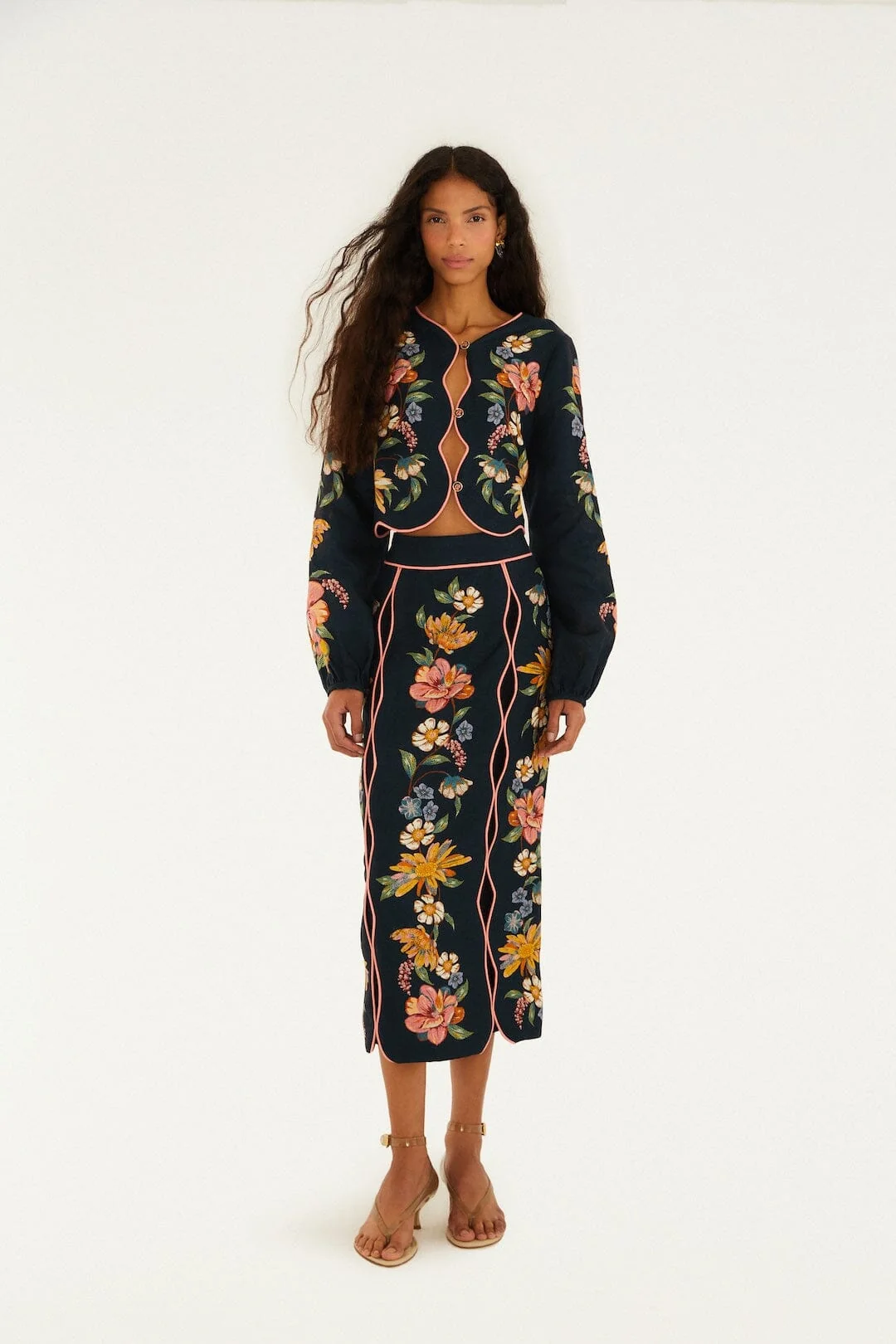 Dark Blue Maira Floral Midi Skirt