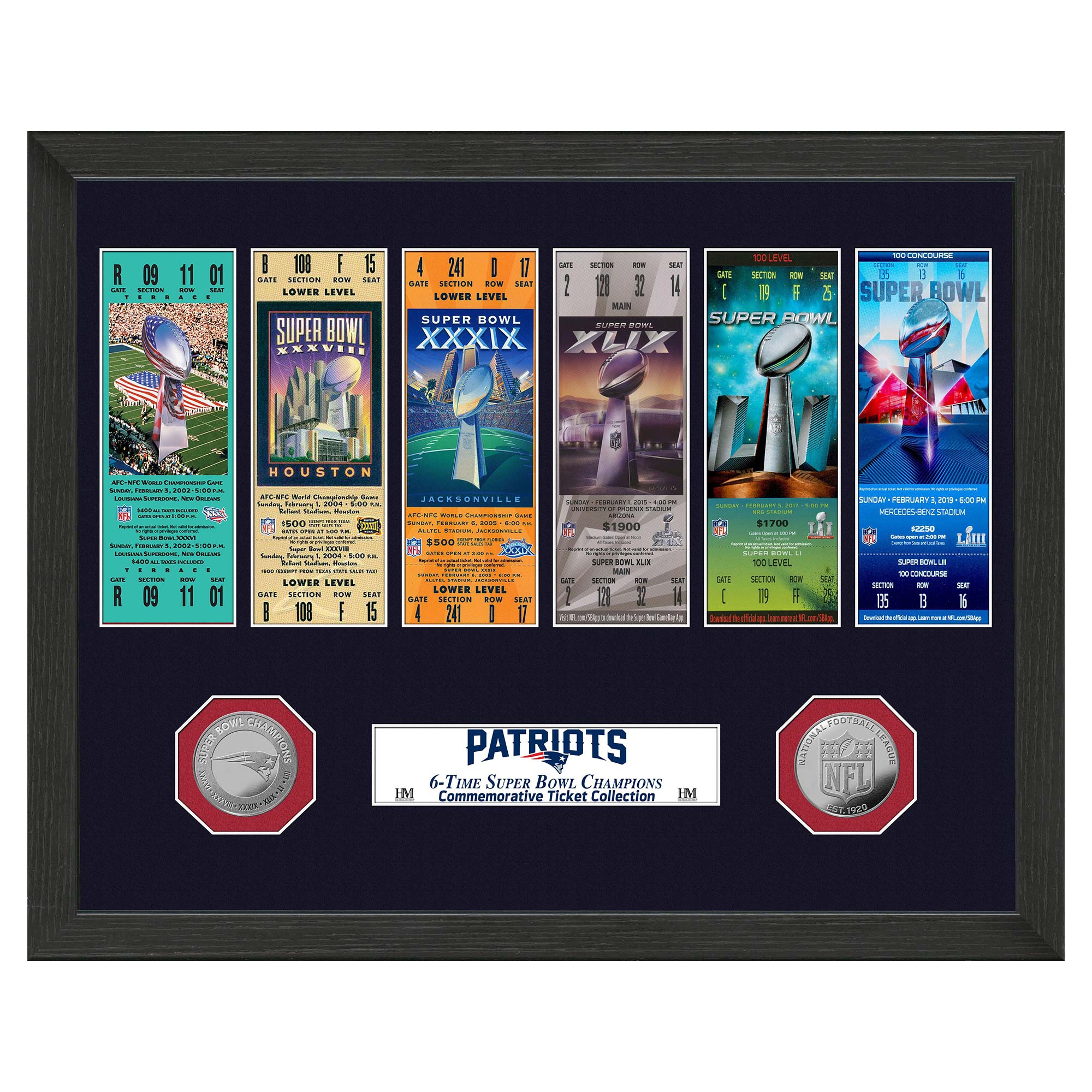 New England Patriots Super Bowl Tickets Silver Coins Framed NFL Photo
