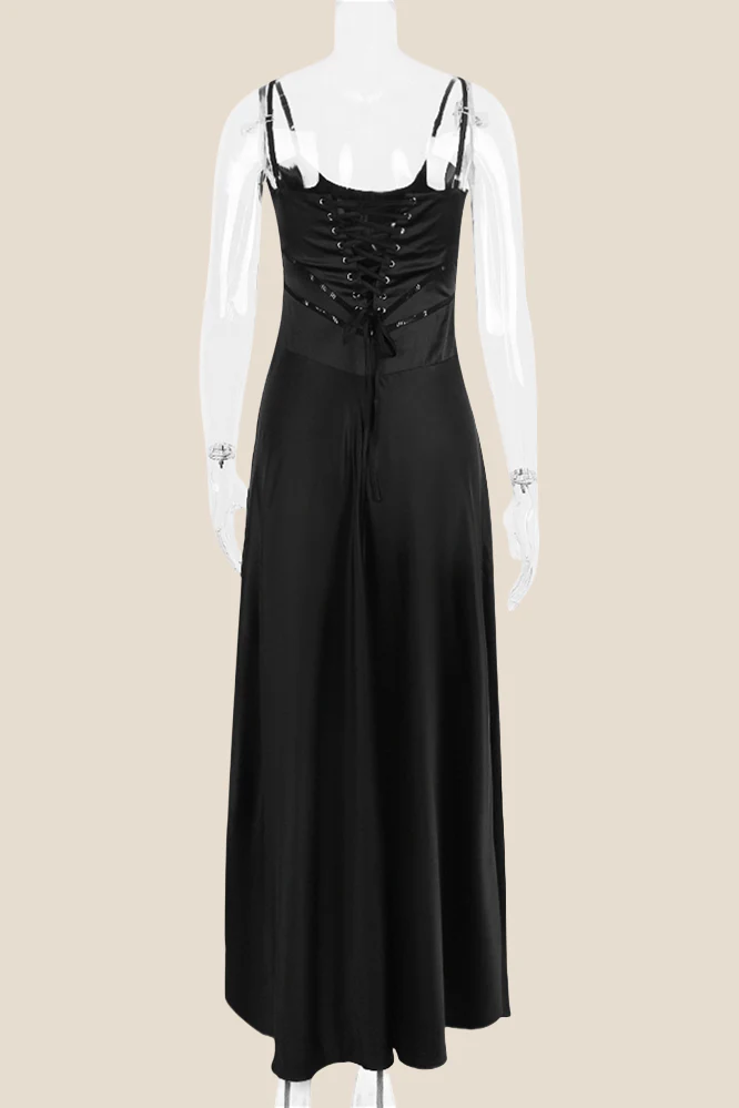 Straps Black Lace-up Back A-line Long Dress