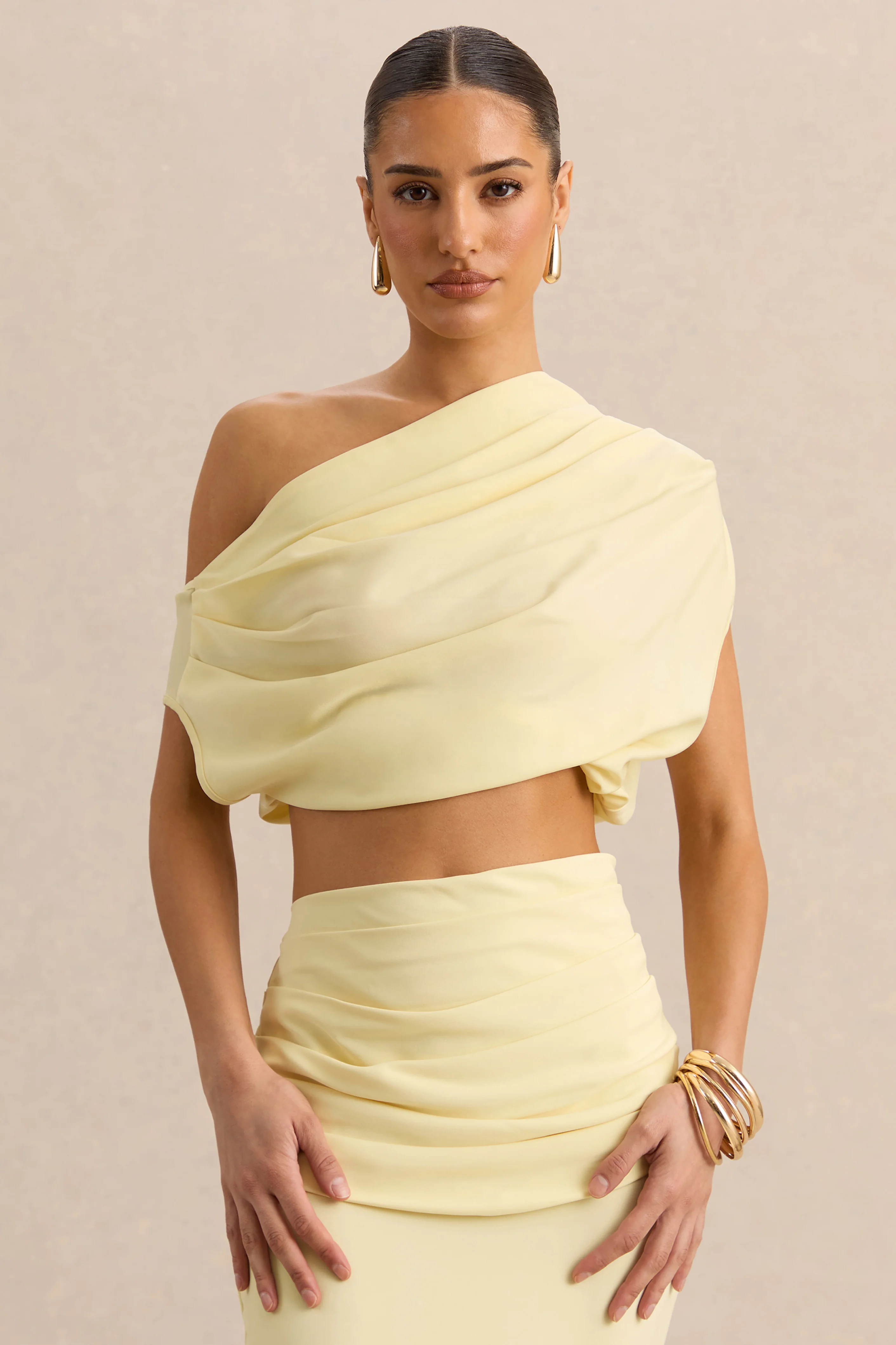 Yaselle | Lemon Satin One Shoulder Short Sleeve Top With Draped Detailing And Tie Back