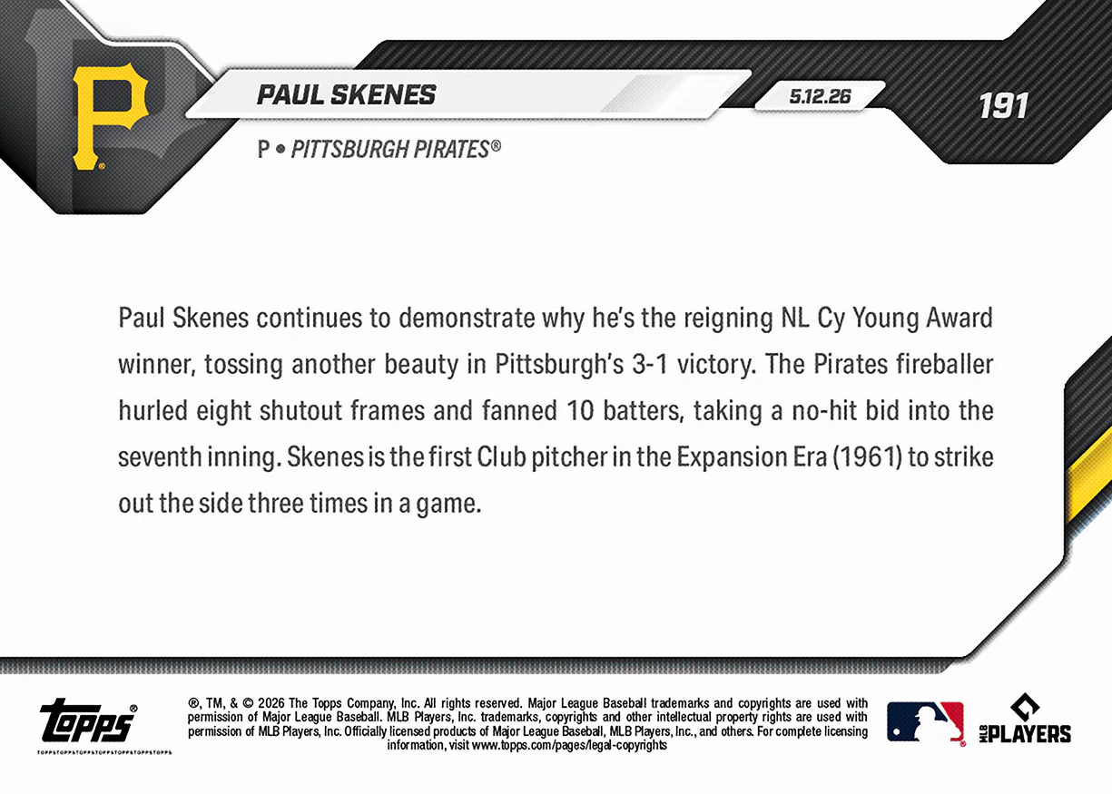 Paul Skenes - 2026 MLB Topps NOW® - Card 191 - PR: 2015