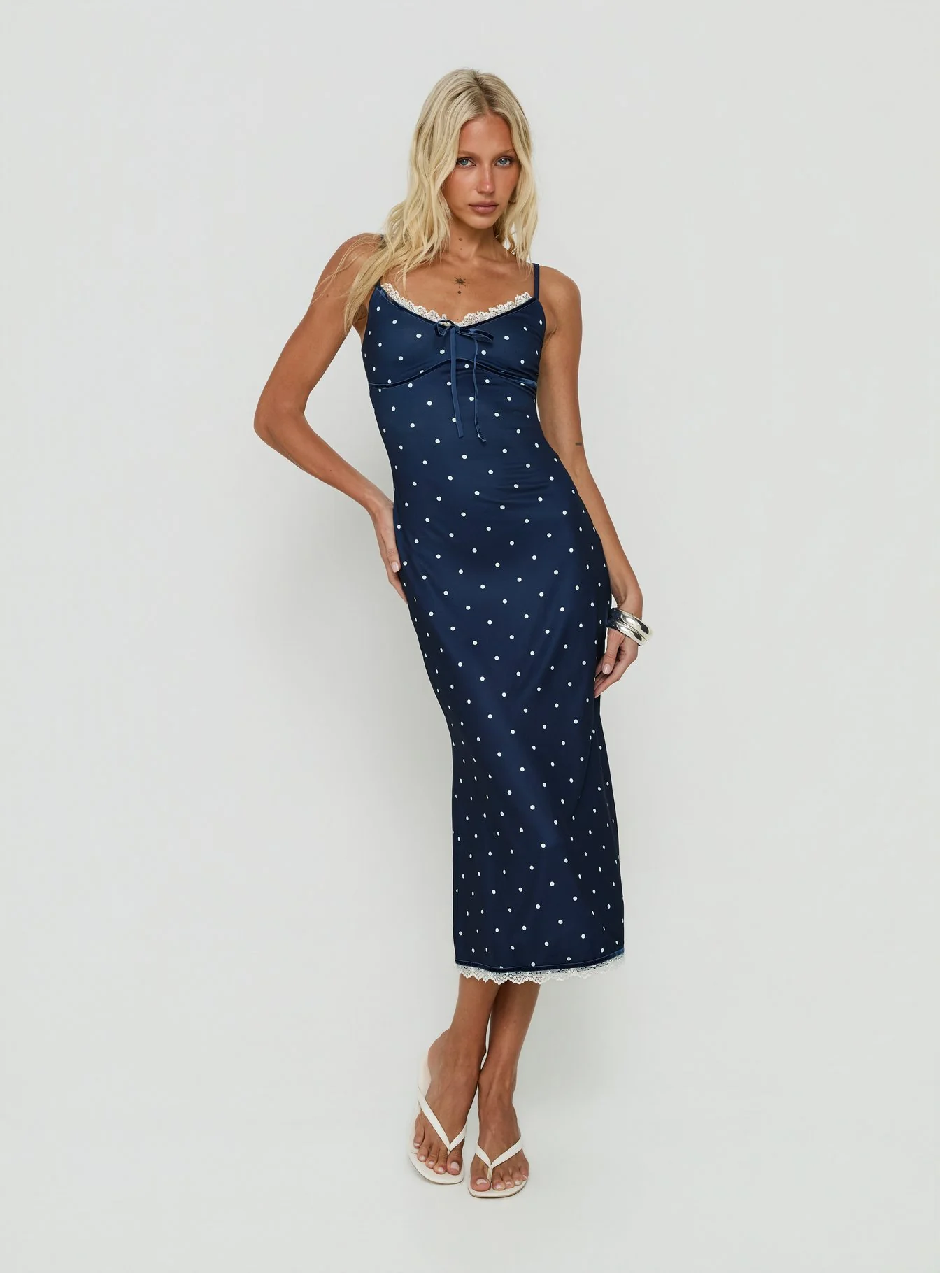 Delaney V Neck Frill Midi Dress Navy / White Polka