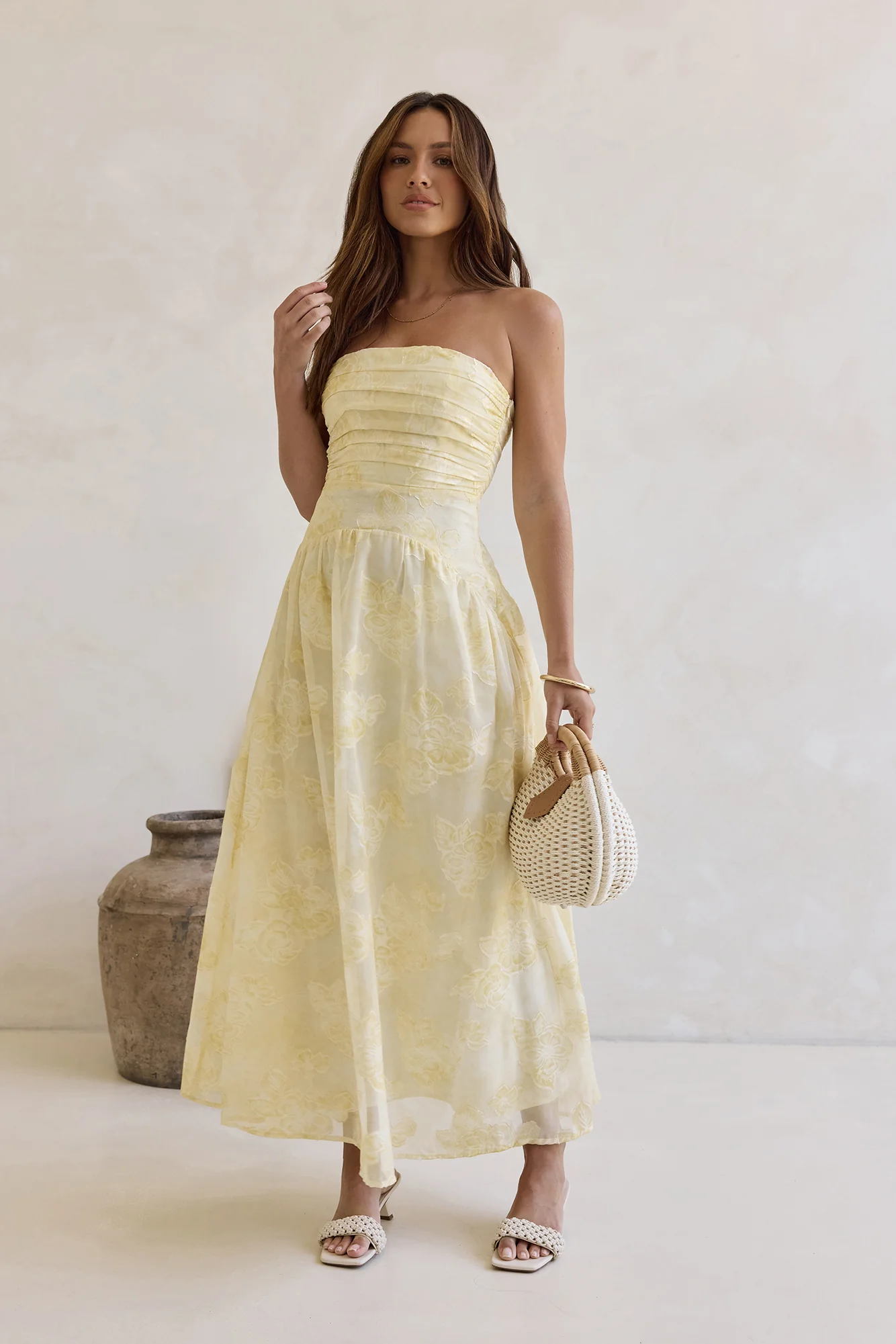 Cloud Kissed Paths Strapless Maxi Dress Yellow