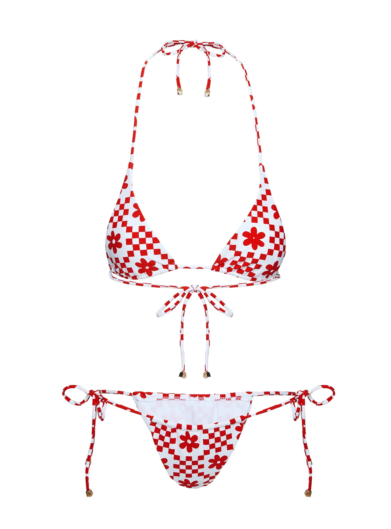 Jenner Tie Side Ruched Bikini Bottom Red Check