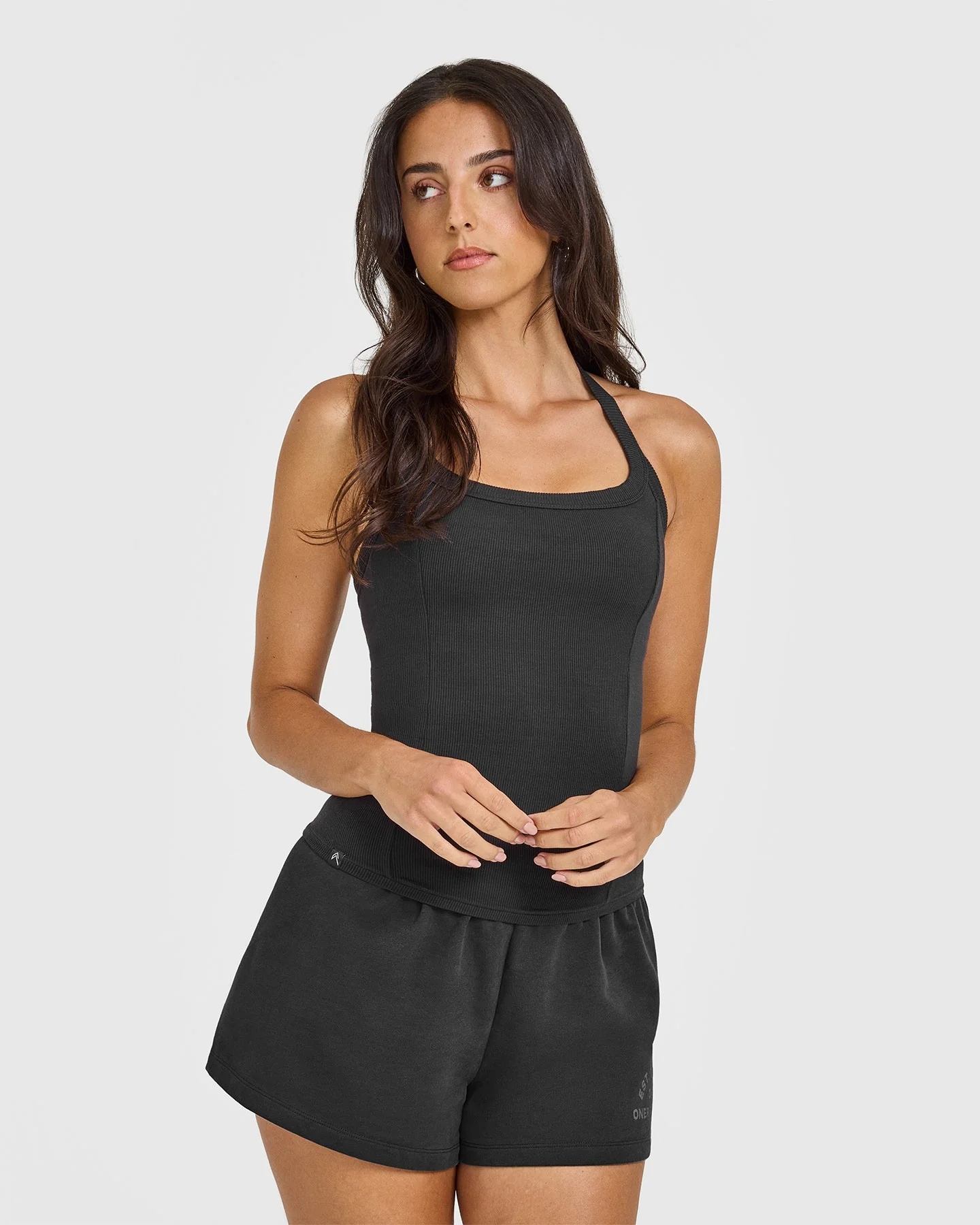 Mellow™ Rib Halter Neck Vest with Built in Bra Shelf | Soft Black