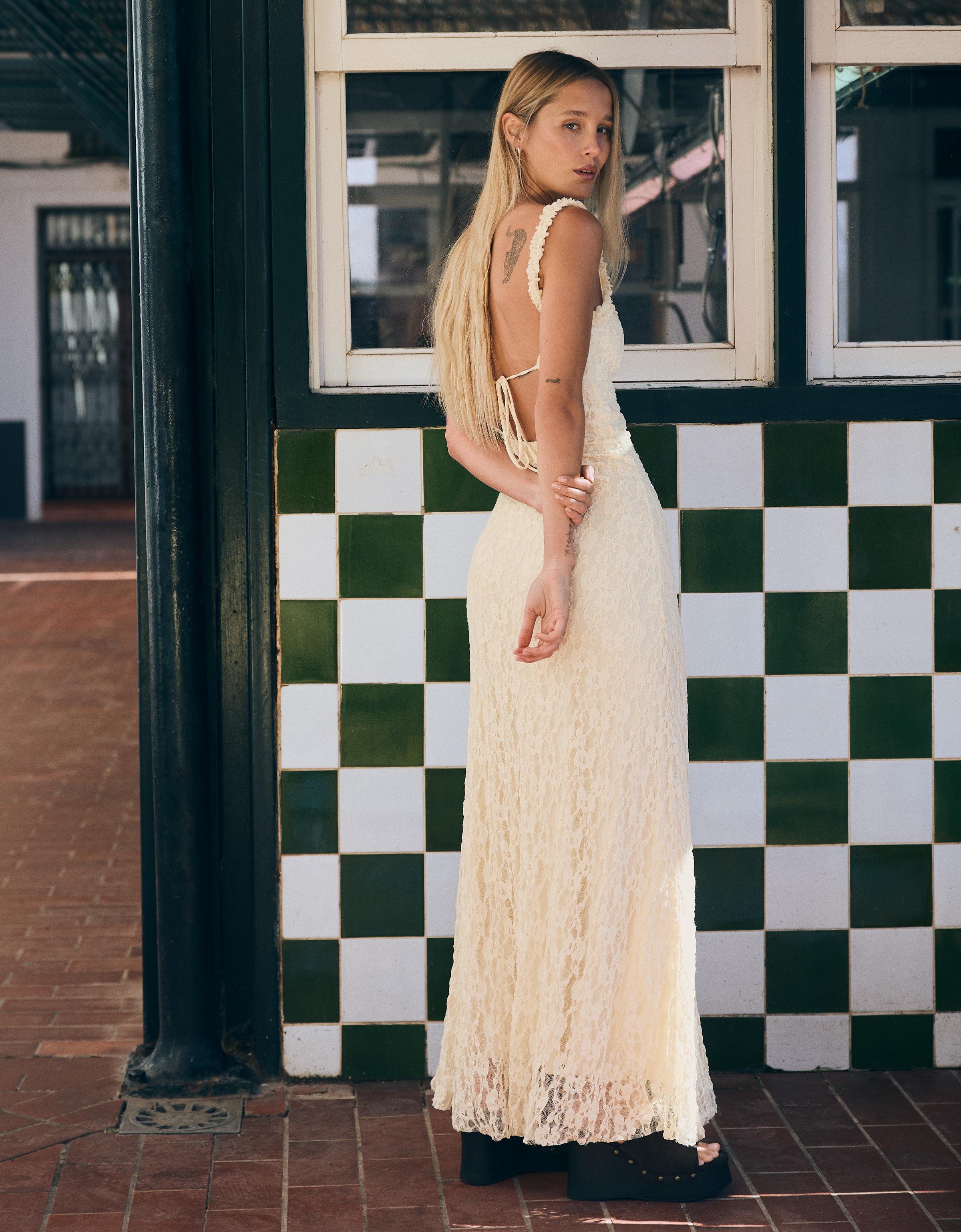 Lace-trimmed midi dress-Cream