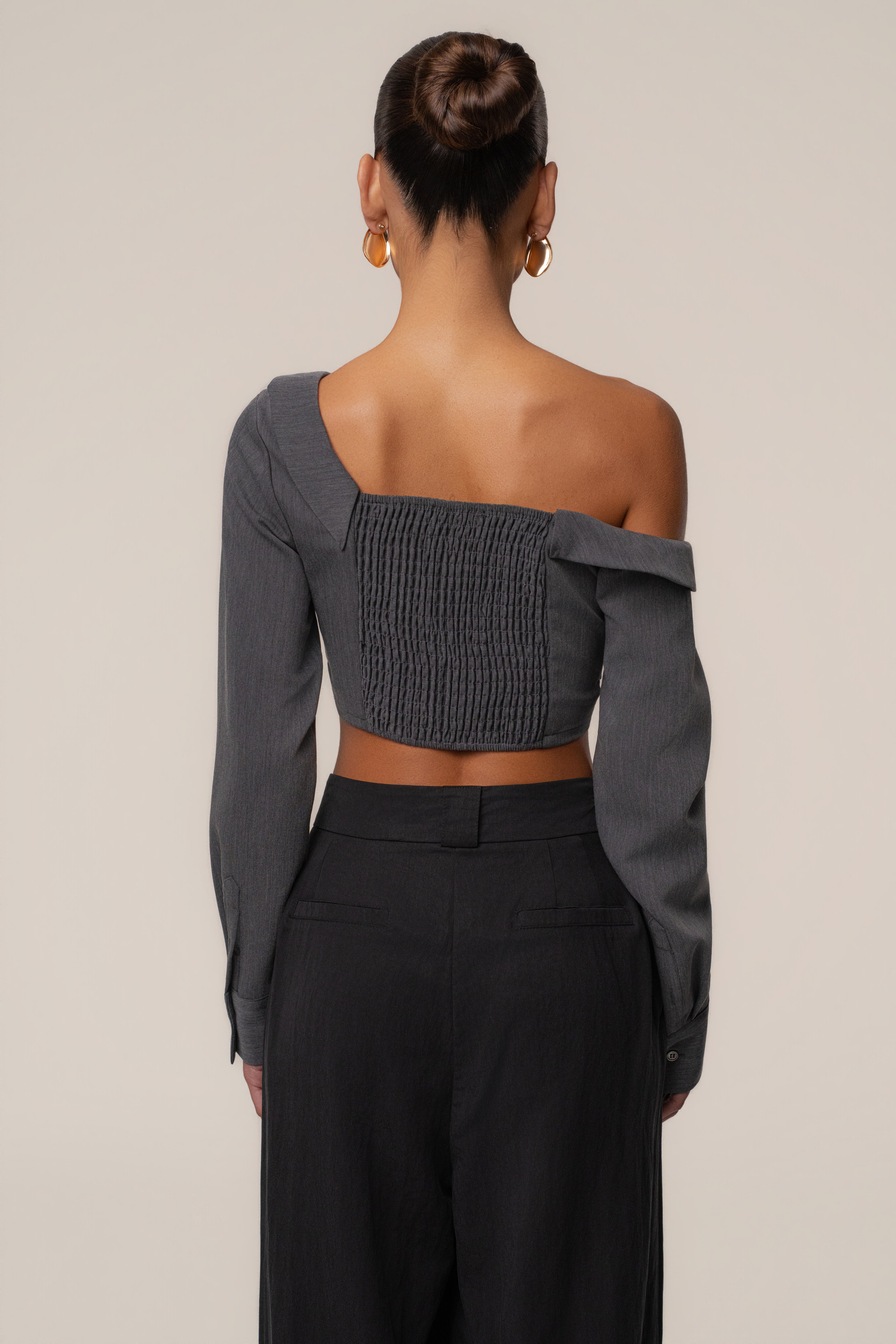 Grey Off-Shoulder Twist Crop Top