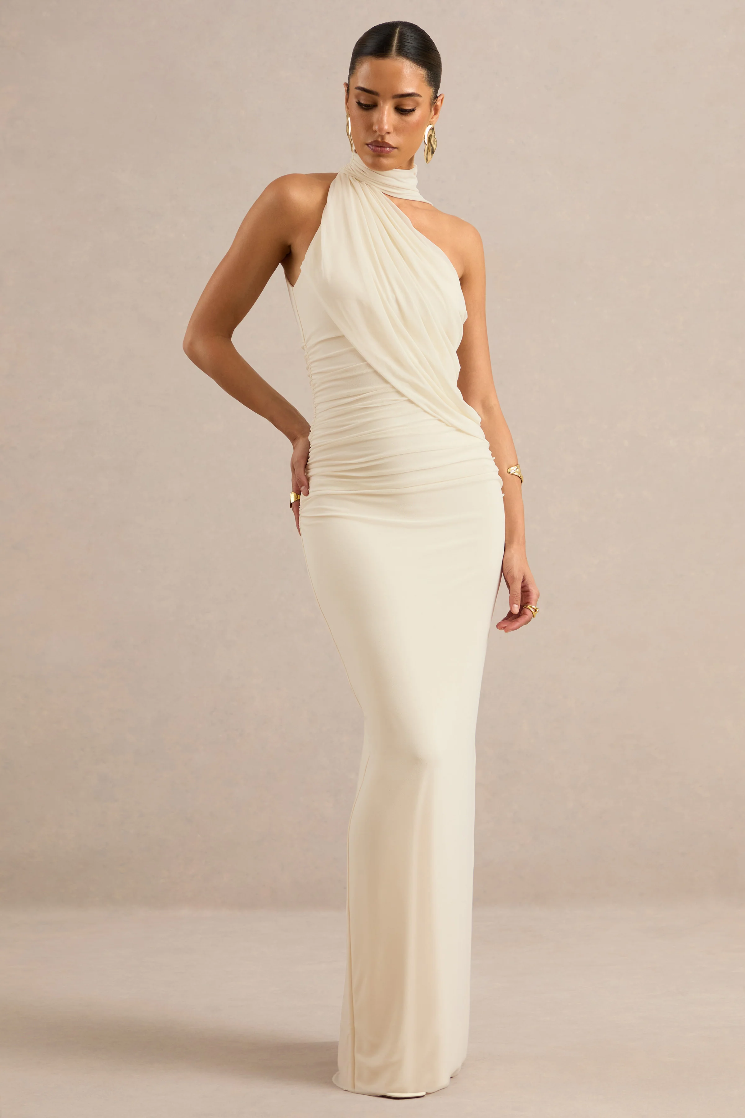 Gelsey | Cream Mesh High Neck Ruched Maxi Dress With Scarf Detail