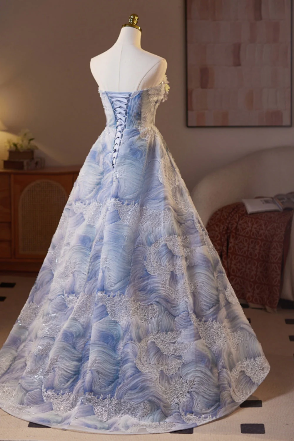 Strapless Blue Print A-line 3D Flowers Long Formal Gown