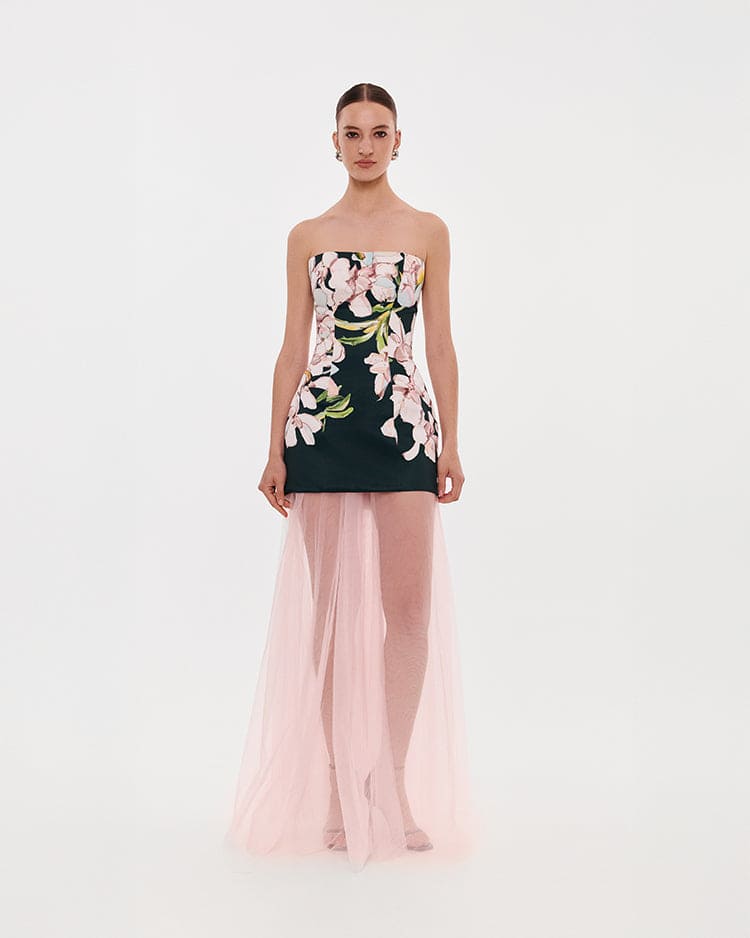 2-in-1 floral mini dress with a detachable candy pink sheer underskirt