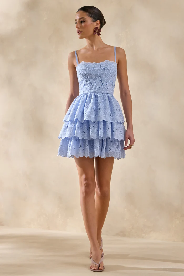 Powder Blue Lace Square-Neck Mini Dress With Ruffled Detailing