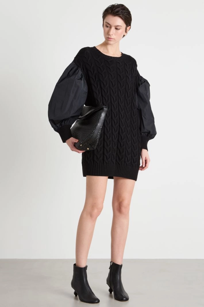 Cable-knit dress with balloon sleeves - BLACK