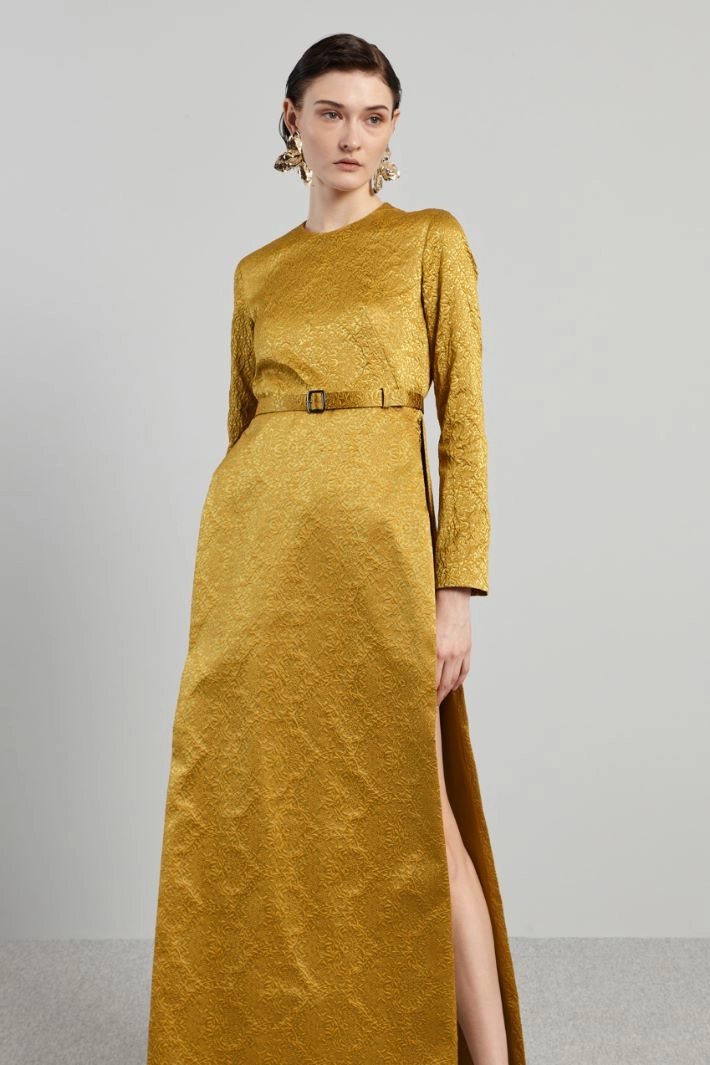 Long jacquard dress with panels - MUSTARD
