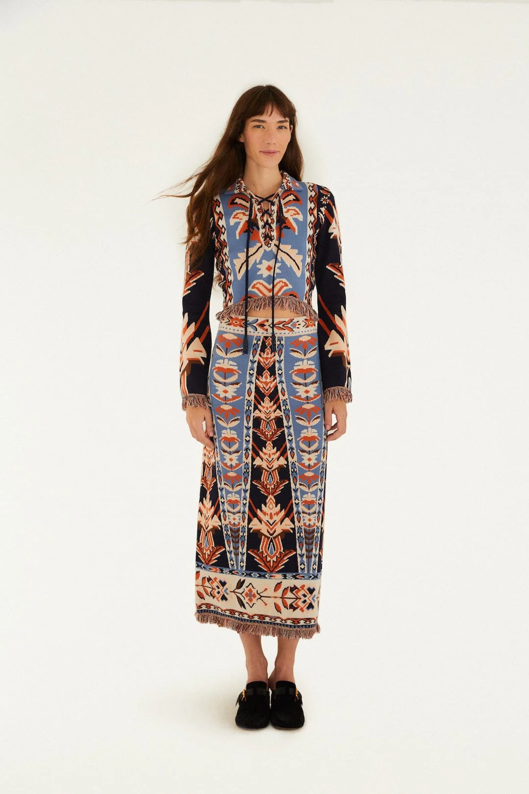 Multicolor Tapestry Fringes Knit Skirt