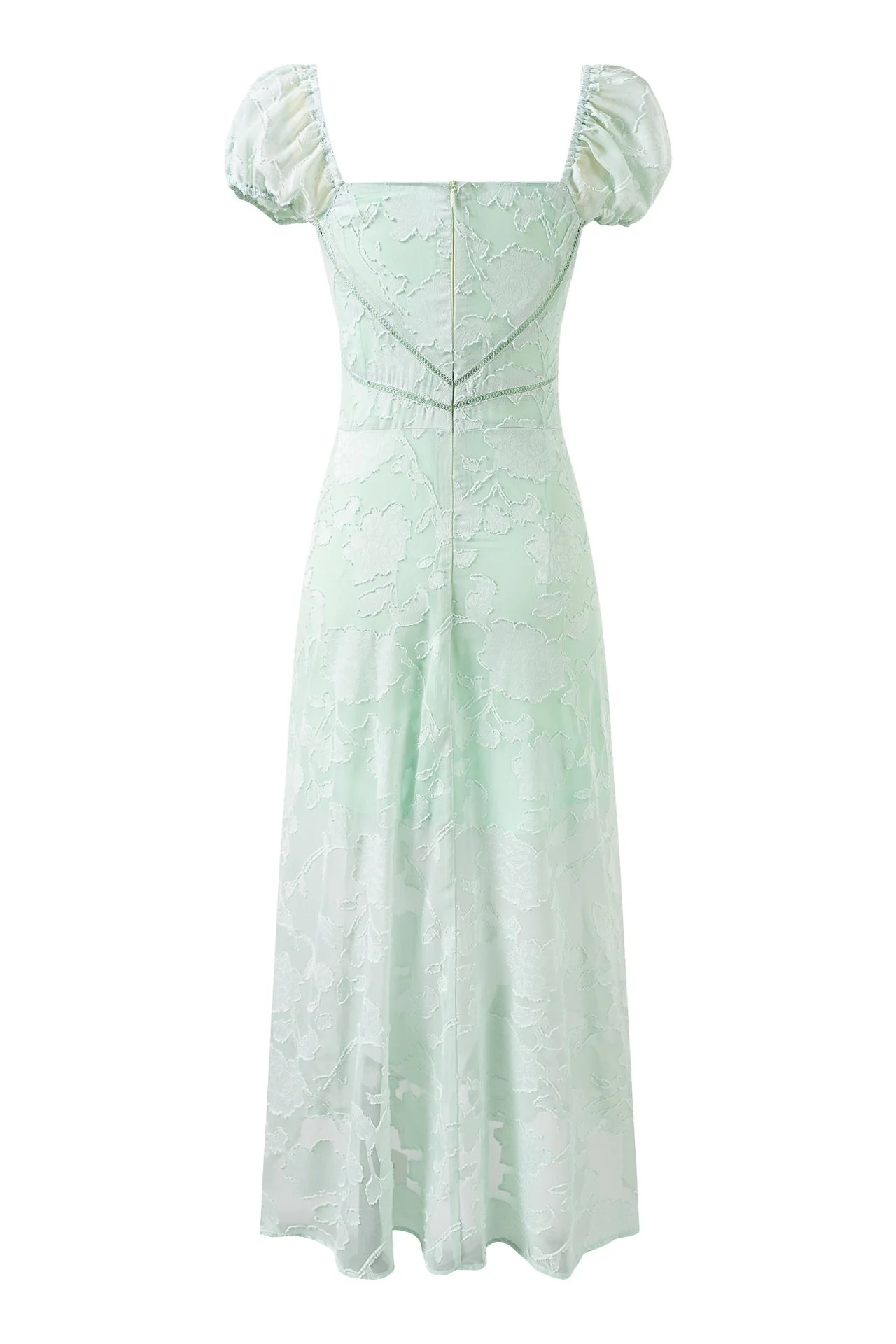 Puff Sleeves Green Floral Long Dress