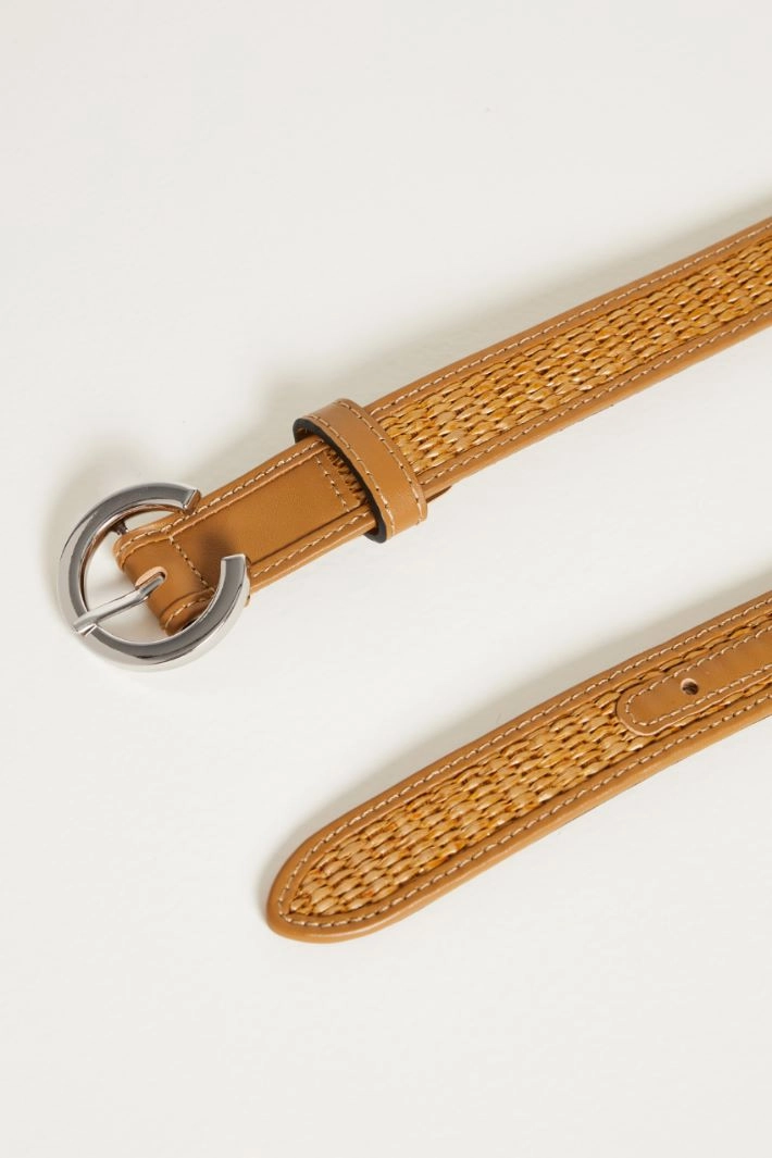 Raffia and leather belt - CAMEL