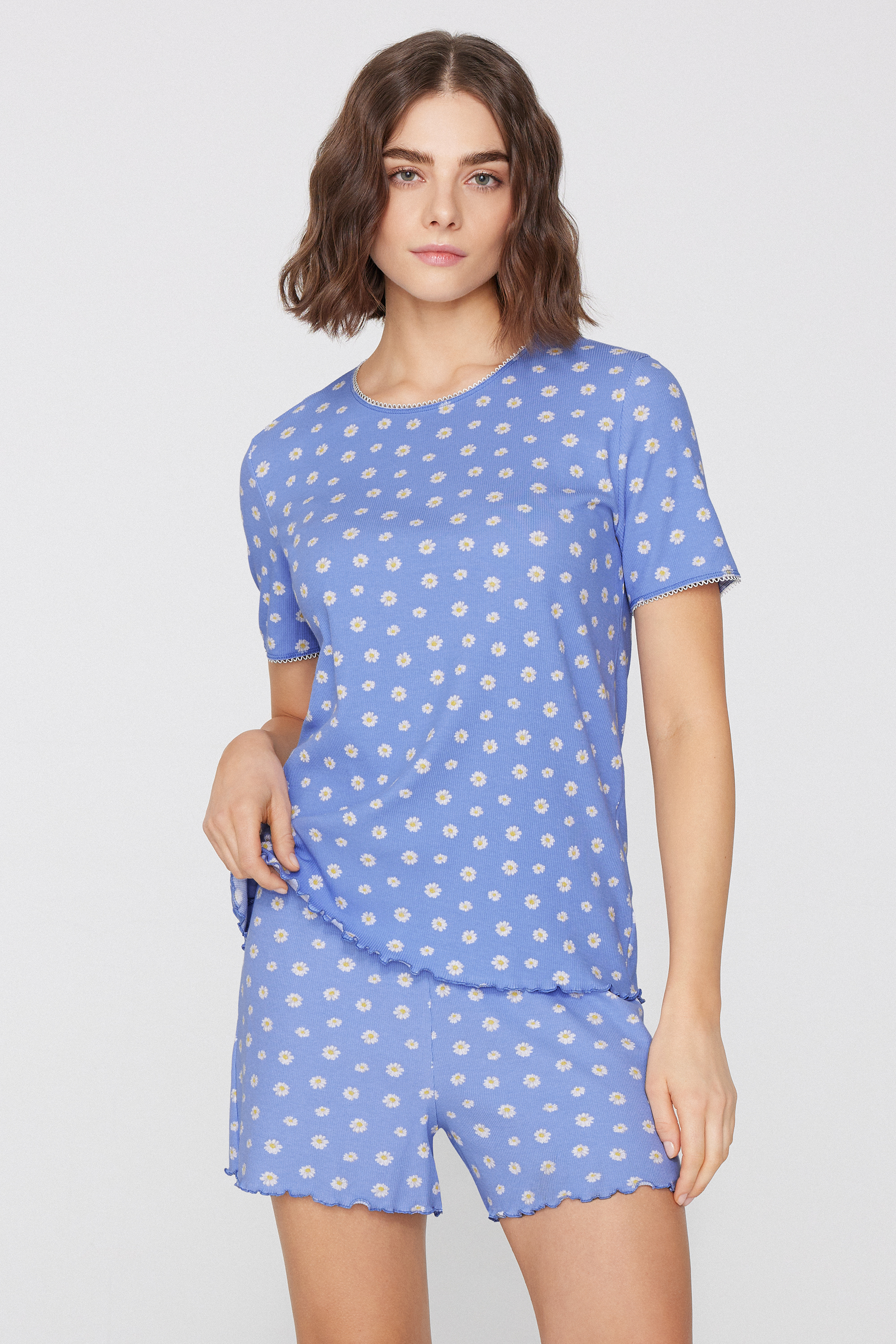 Short Ribbed Cotton Pyjamas with Daisy Print