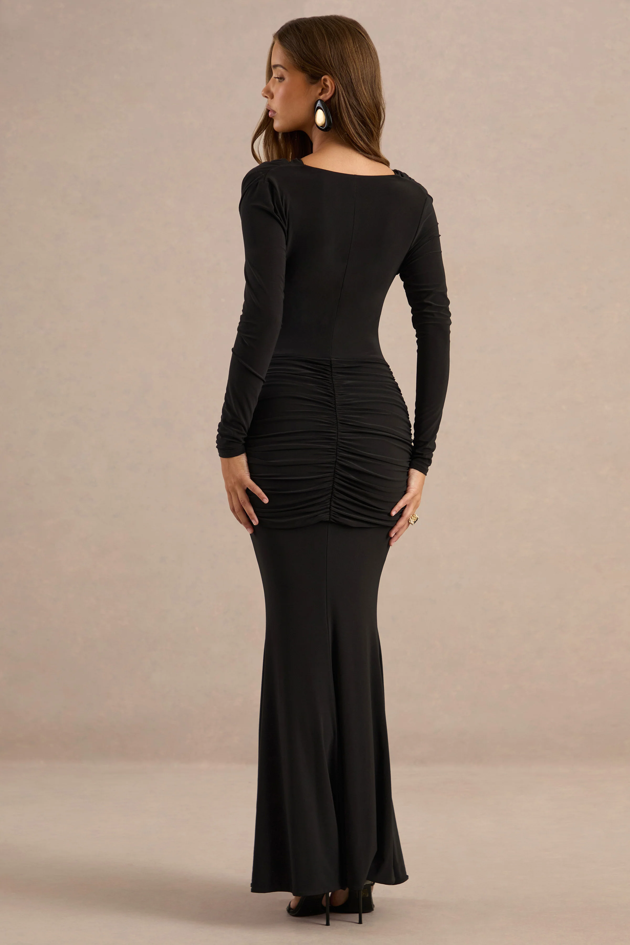 Palerma | Black Jersey Cowl Long Sleeve Maxi Dress With Gathered Detailing And Twist Panel Sash
