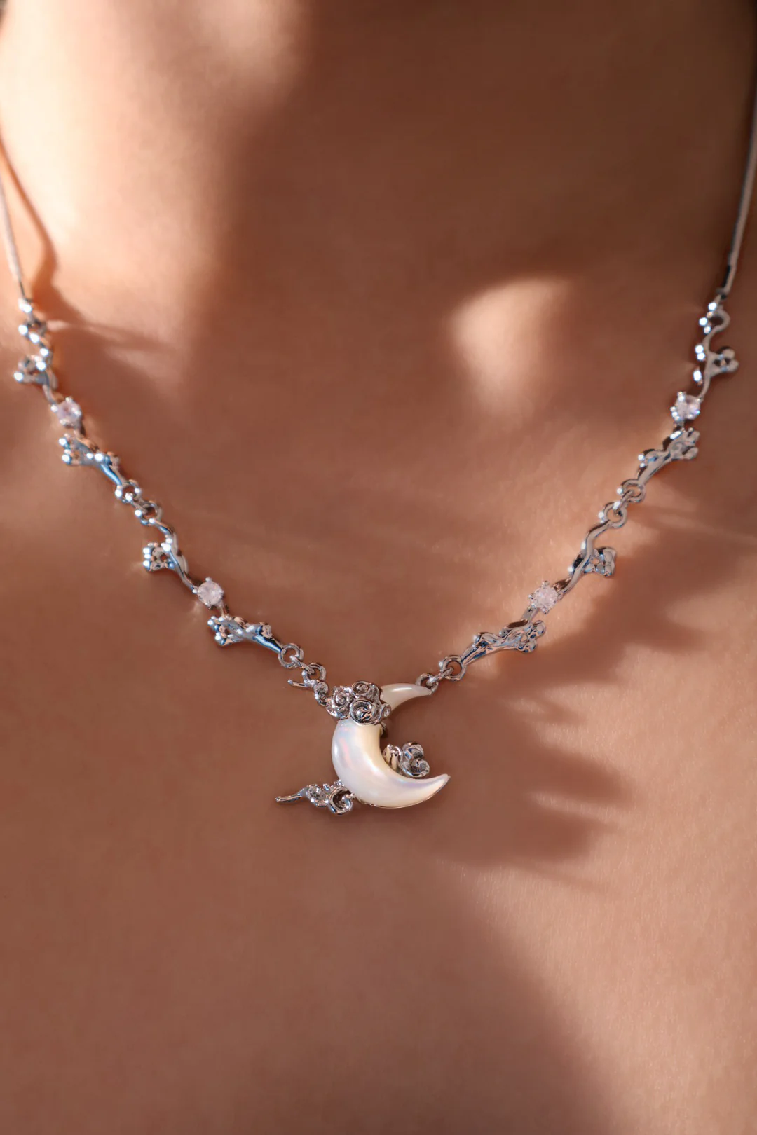 Palladium White Gold Plated Diamonds Natural Shell Moon Necklace