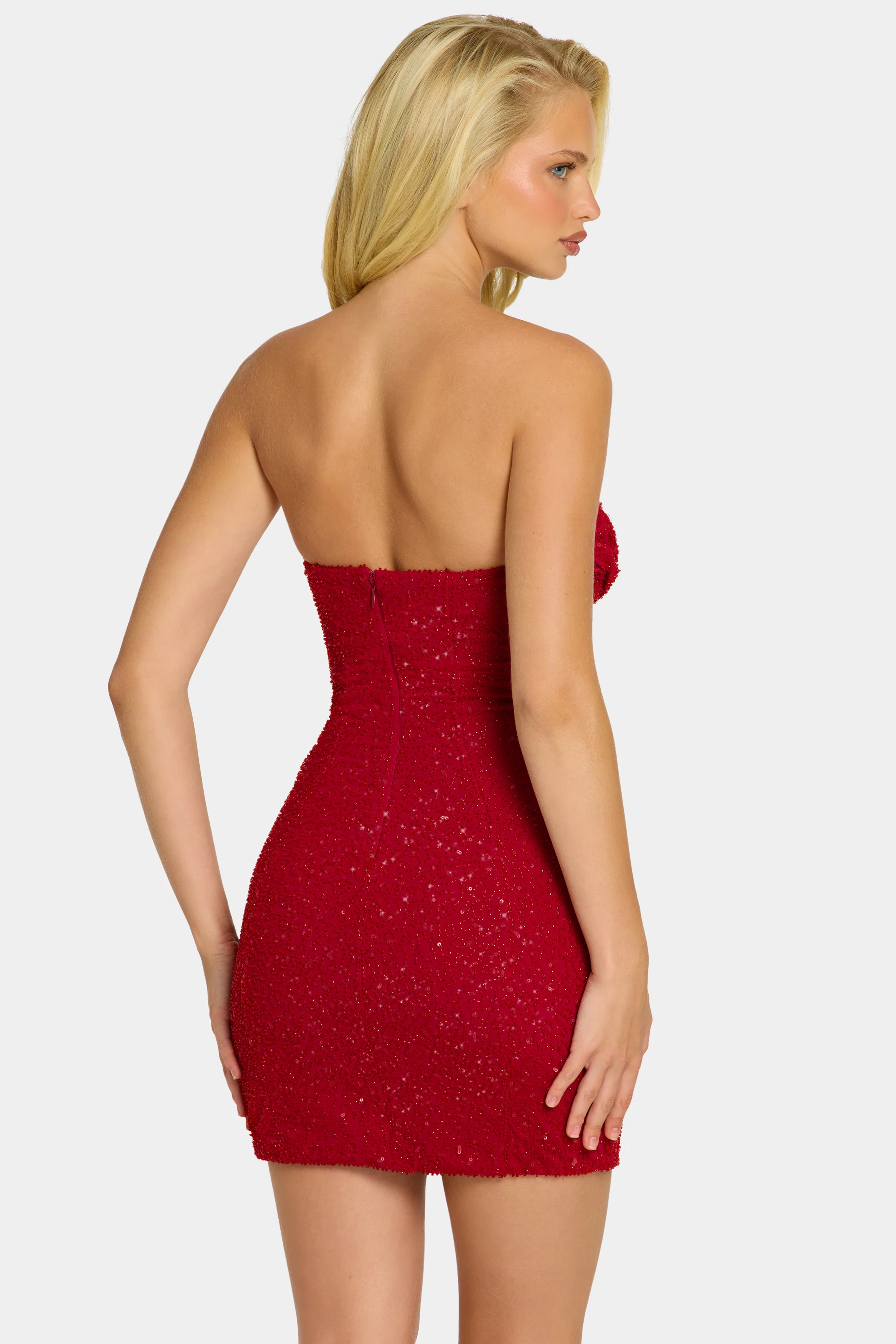 Embellished Strapless Cowl-Neck Mini Dress in True Red