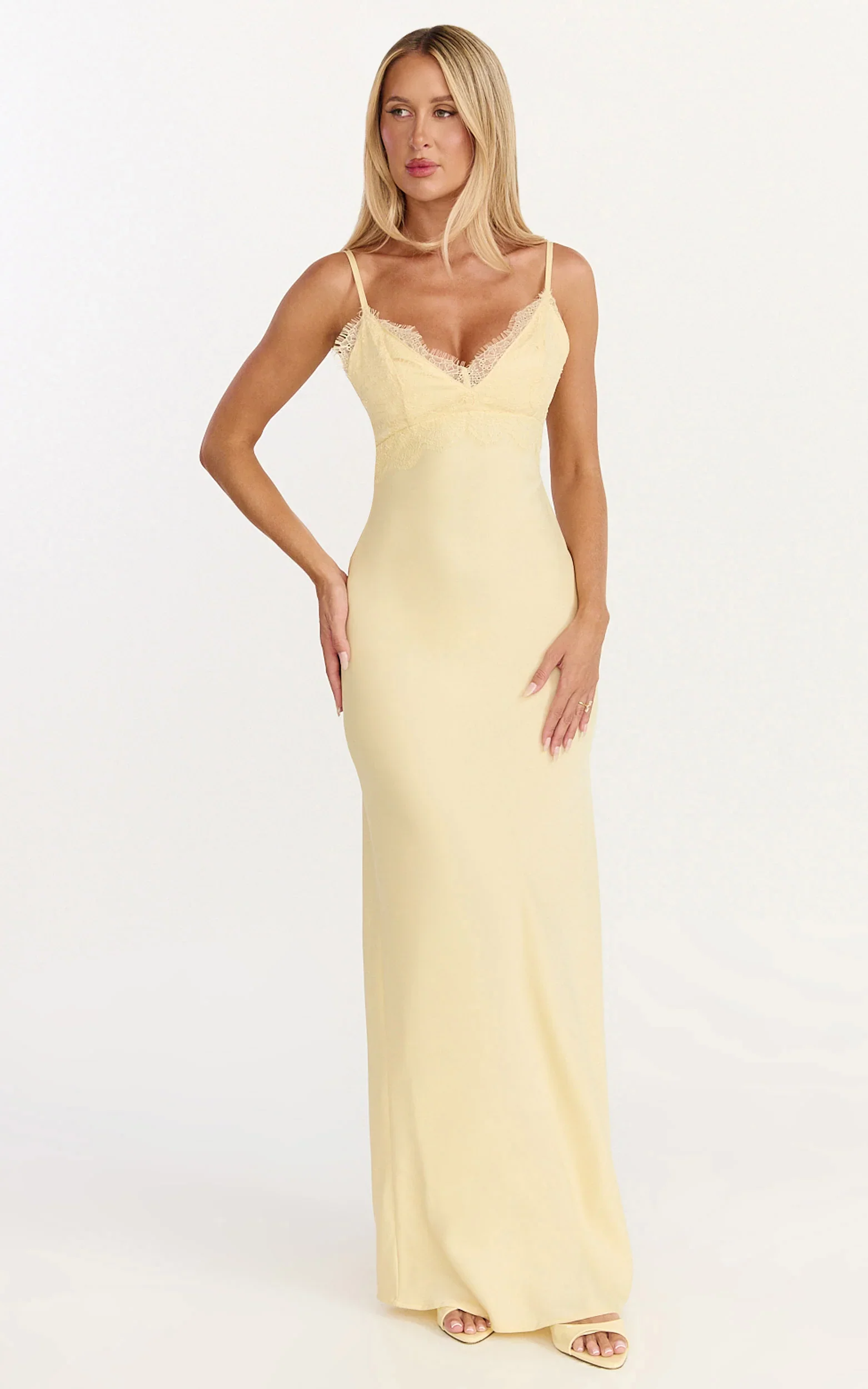 Kyra Maxi Dress - Lace Bust And Tie Back Satin Dress in Lemon
