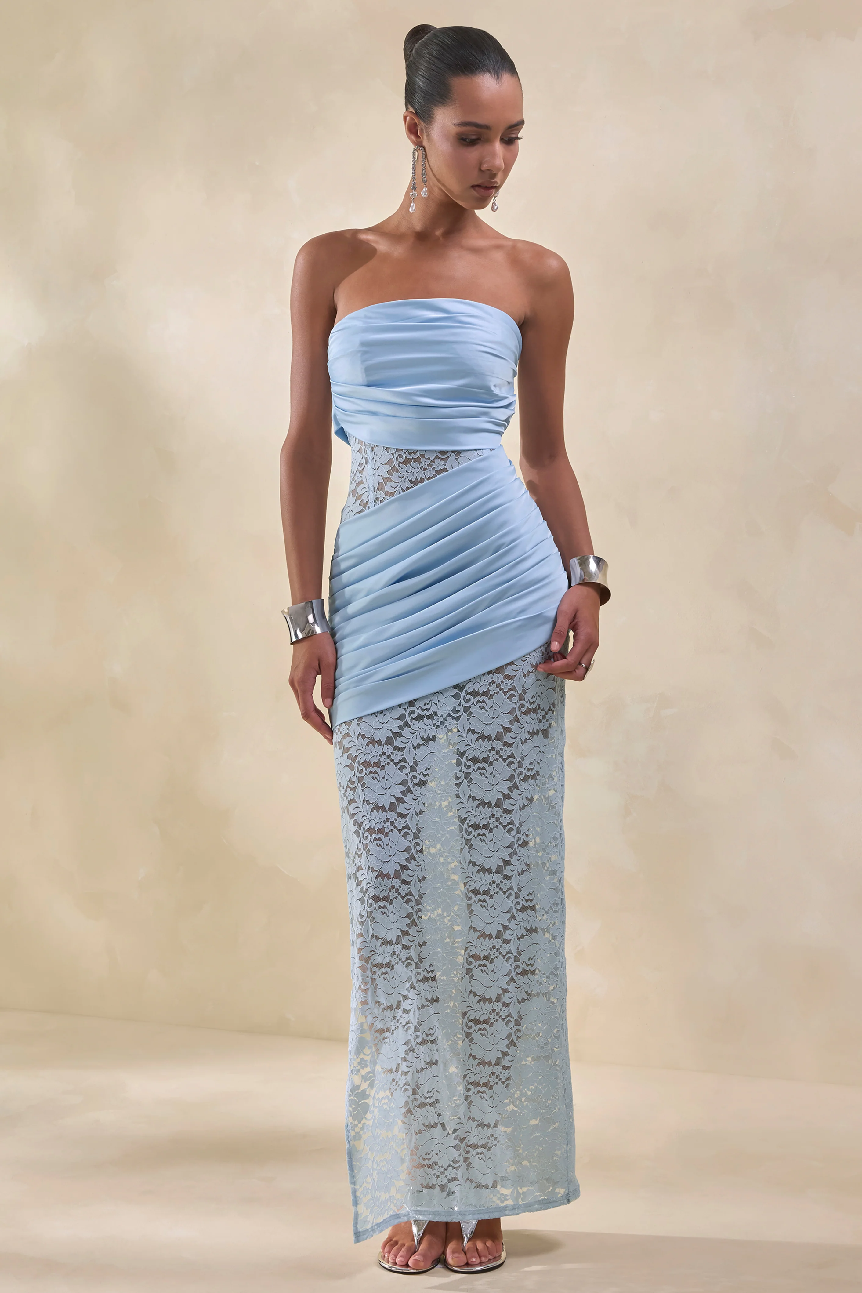 Dulcie | Powder Blue Lace And Satin Bandeau Maxi Dress With Wrap-Details