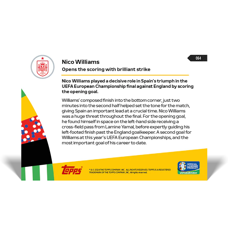 Nico Williams - Opens the scoring with brilliant strike - EURO 2024 TOPPS NOW® Card 64